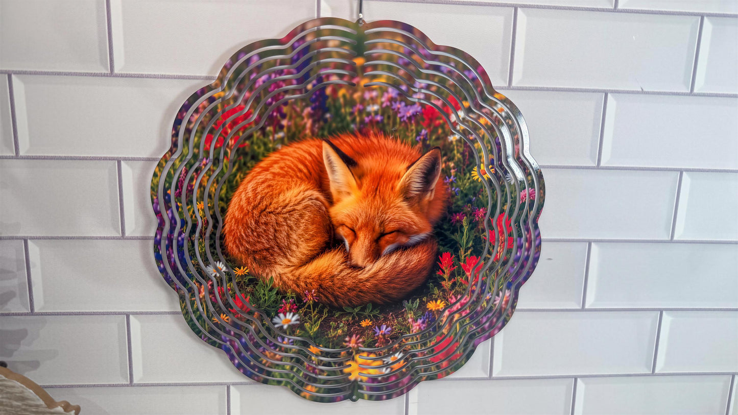Sleeping Fox, Meadow Floral Wind Spinner | 10 Inch Décor | 360 Swivel | Indoor Outdoor Art
