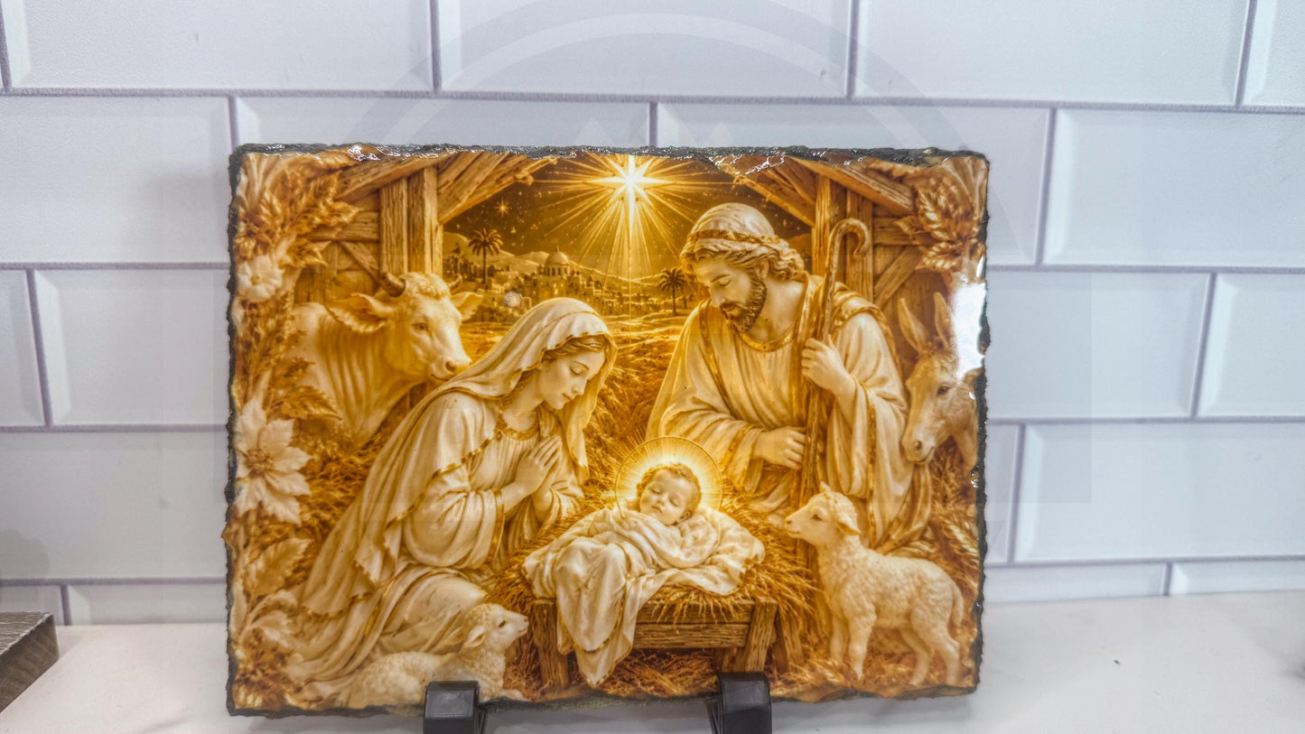 Nativity Scene Slate Plaque, Christmas Religious Wall Art, Rustic Rock Decor Gift