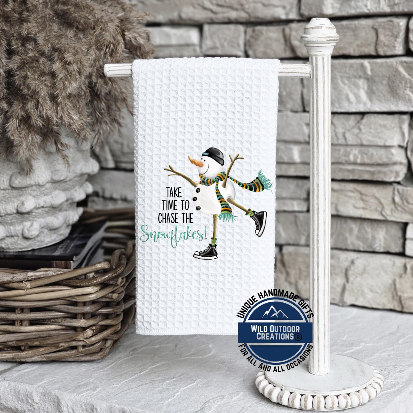 Ice Skating Snowman Kitchen Towel Chase The Snowflakes Winter Waffle Weave Holiday Decor