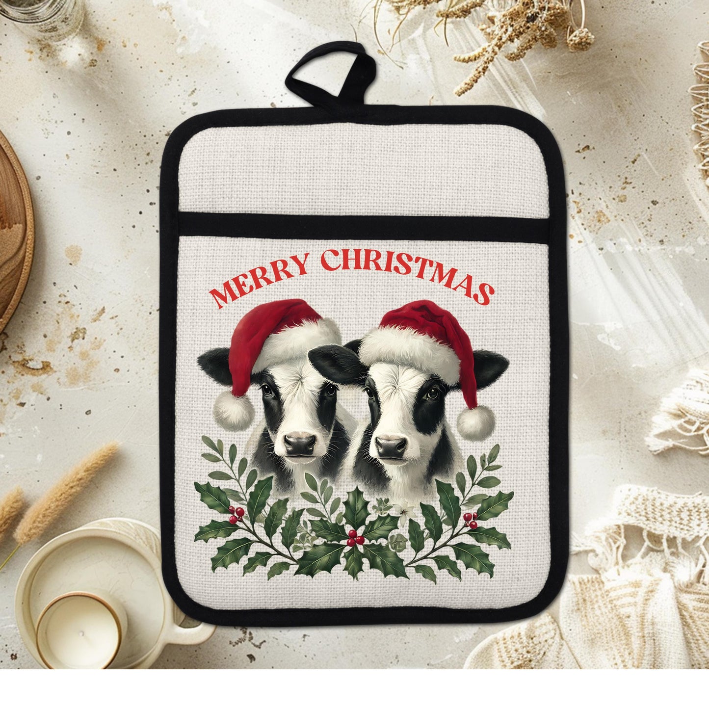 Christmas Cow Pot Holder with Santa Hats - Rustic Black  White Farmhouse Kitchen Decor
