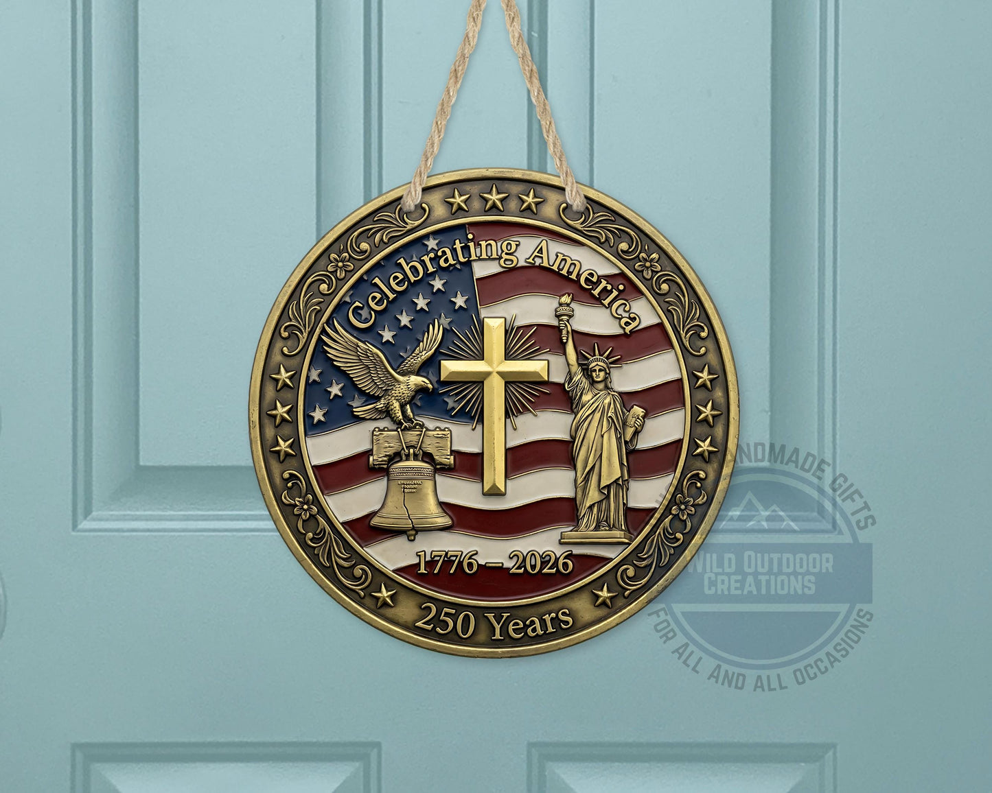Patriotic Door Decor - America 250 Years Aluminum Door Sign 10" USA Hanger