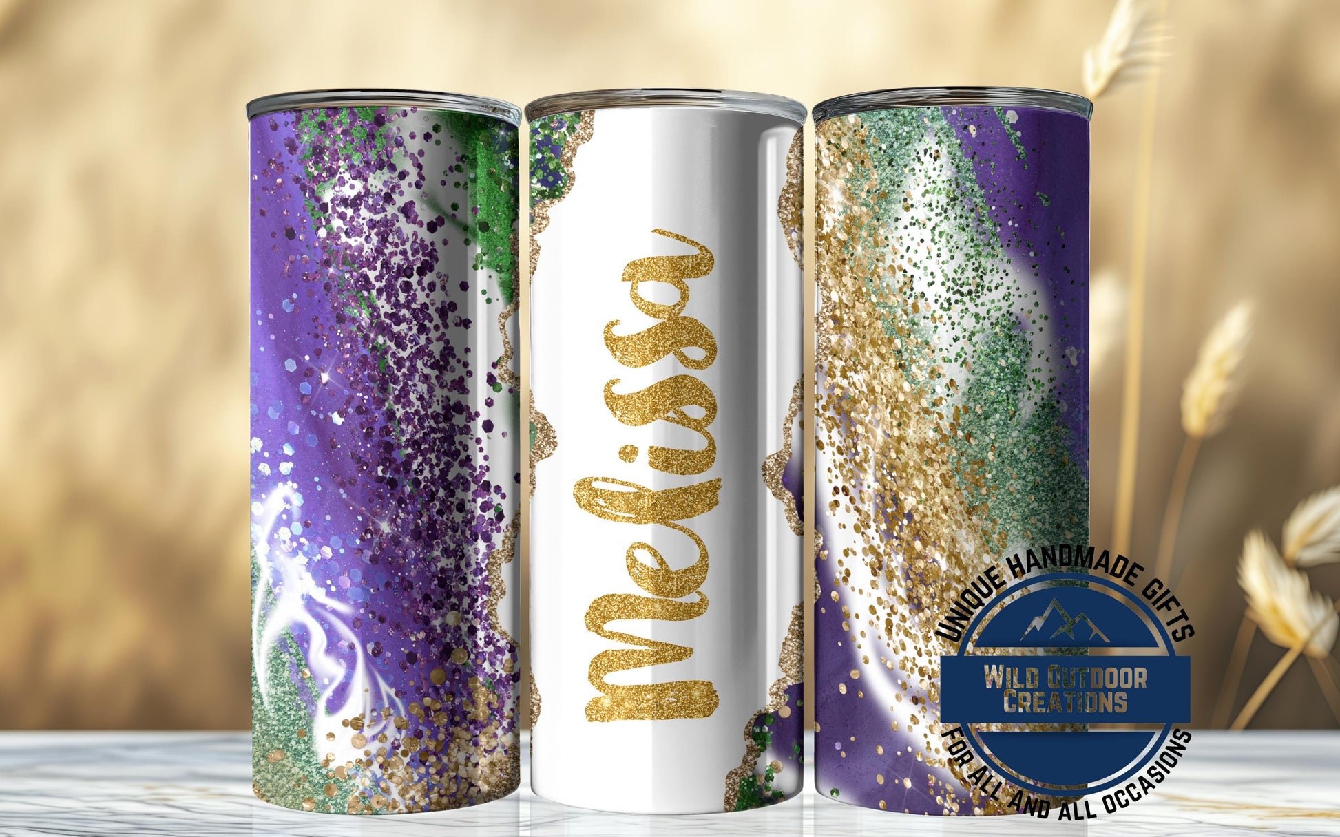 Mardi Gras Tumbler - Custom Skinny Stainless Steel Faux Glitter Cup | 20oz & 30oz Insulated - lifestyle view