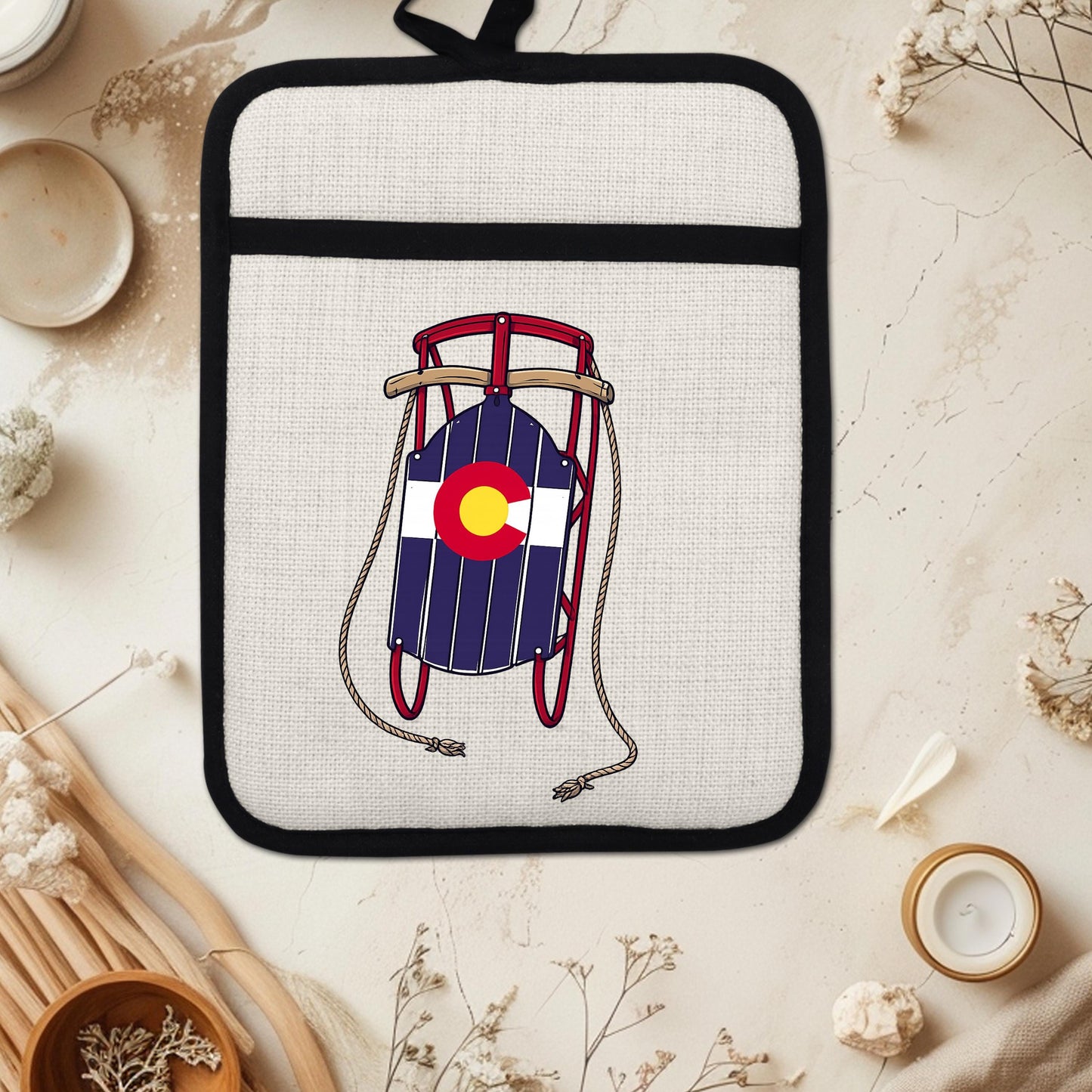 Colorado Sled Pot Holder - Linen Pot Holder with Silicone Back Trivet, Heat Resistant Oven Mitt