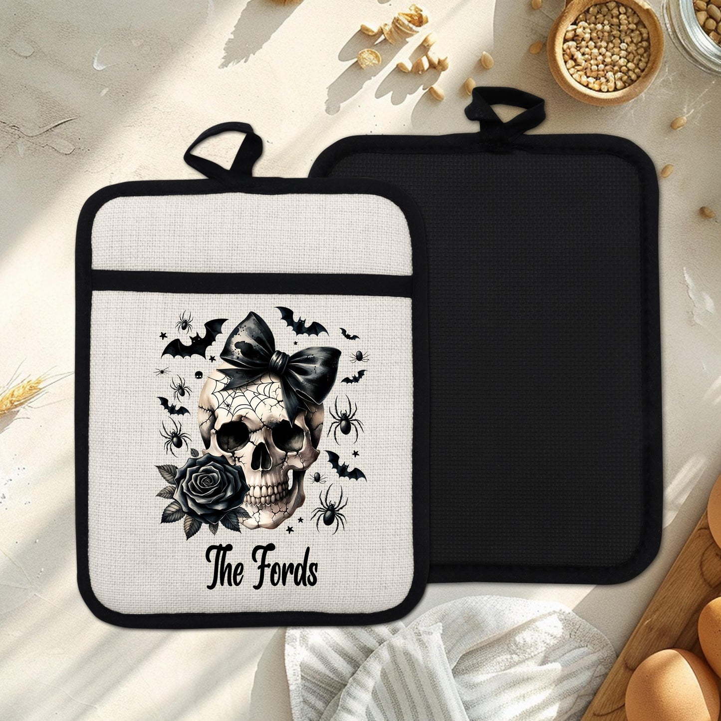 Personalized Skull Pot Holder, Gothic Halloween Decor, Goth Kitchen Gift, Witchy Kitchen