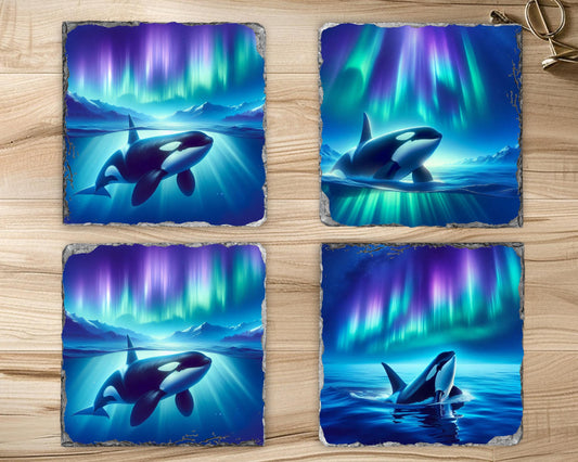 Ocean Orca Coasters Set of 4  Unique Northern Lights Decor for Whale Lovers