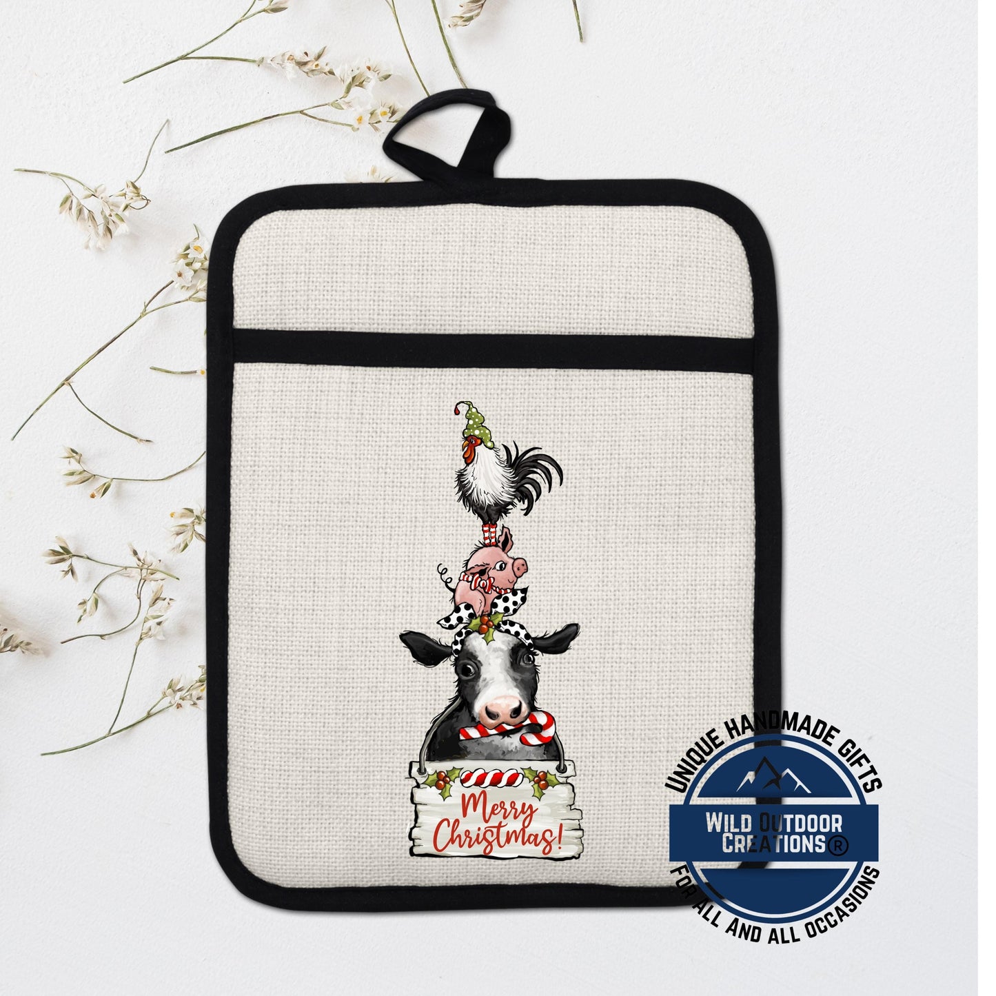 Farm Animal Pot Holder Linen Hot Pad Cow Pig Rooster Christmas Kitchen Gift