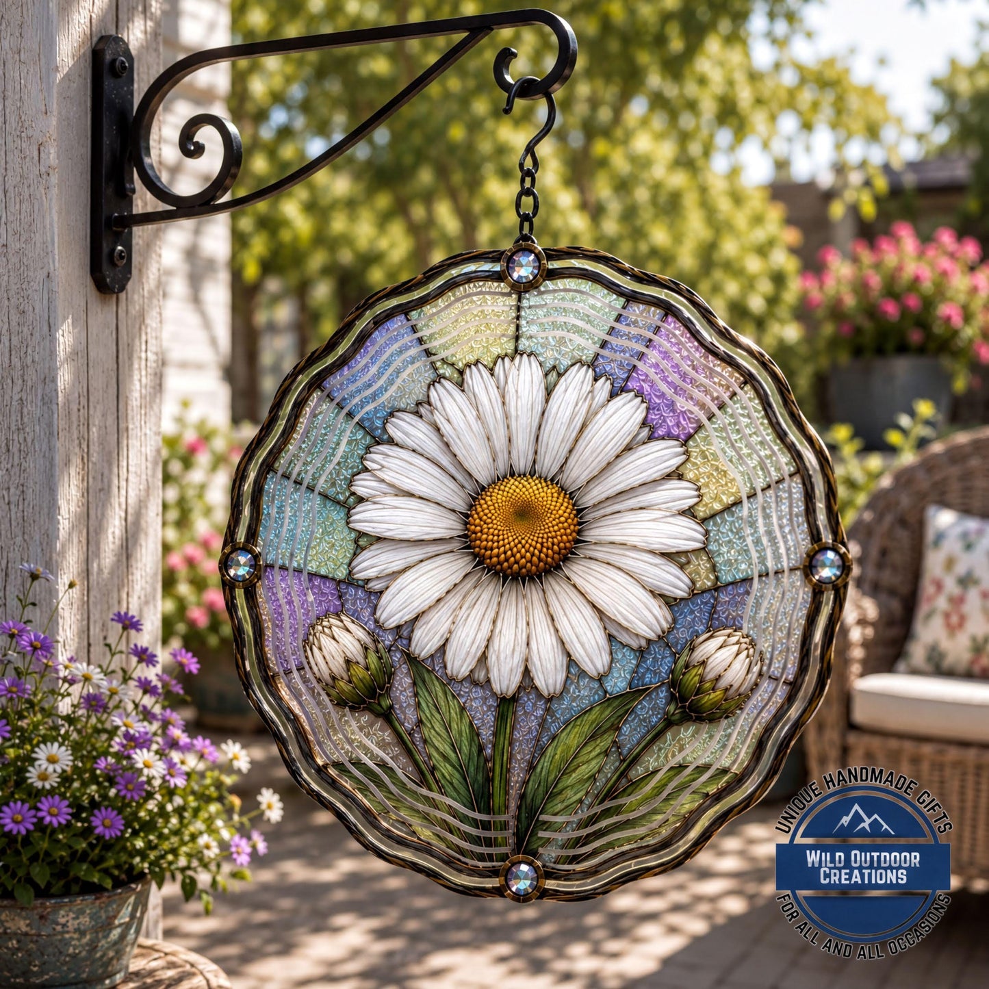 April Birth Flower Daisy Wind Spinner 10 Inch Faux Stained Glass Metal Garden Decor