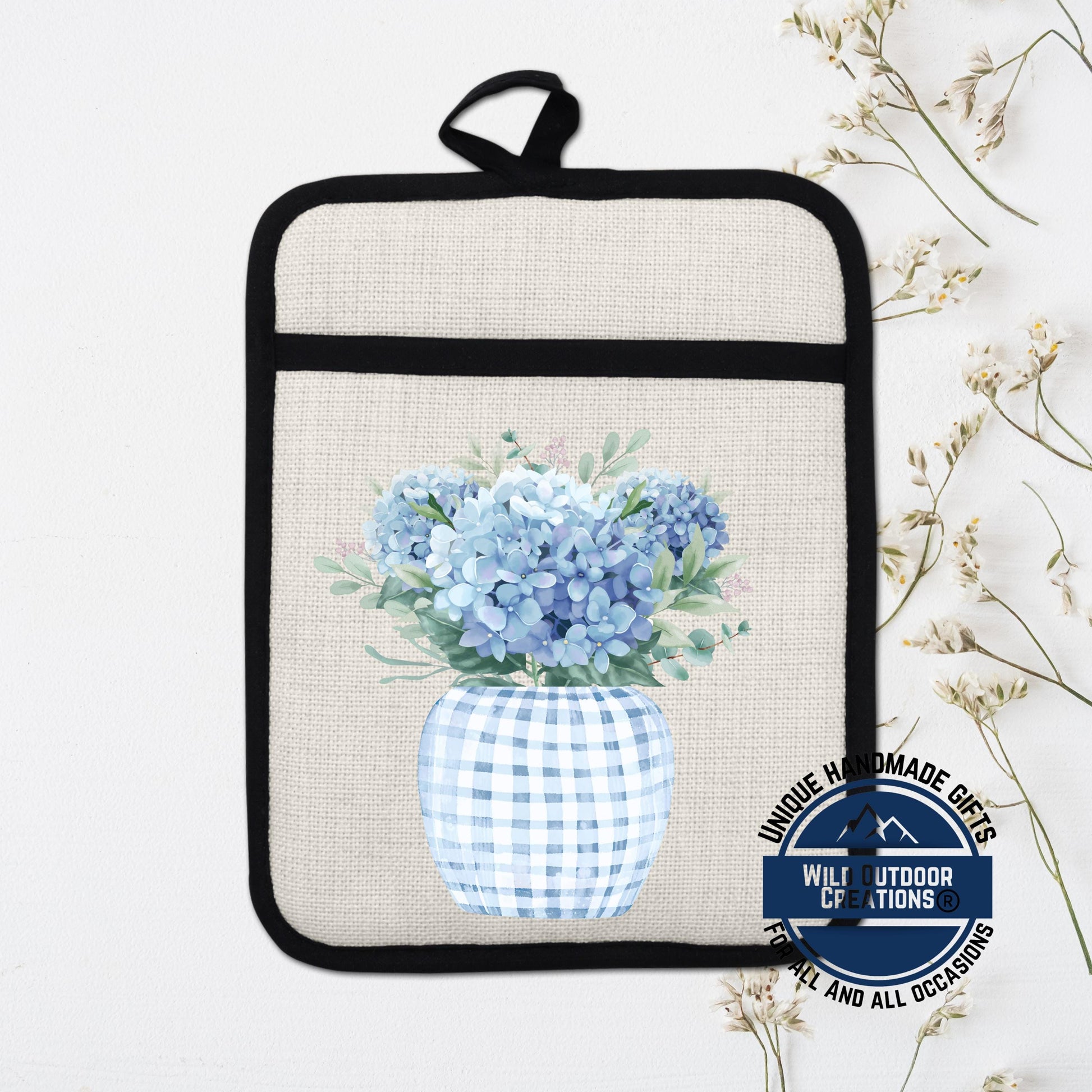 Blue Hydrangea Pot Holder – Floral Kitchen Accessory with Non Slip Silicone Back - packaging and presentation