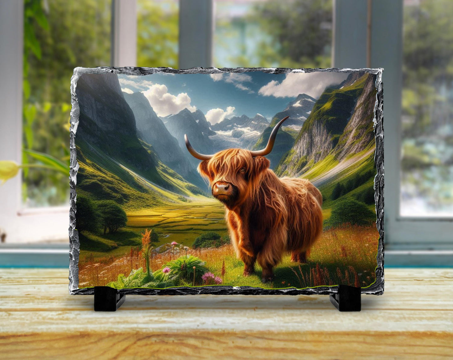 Highland Cow Slate Plaque – Durable Natural Stone Decor with Mountain View