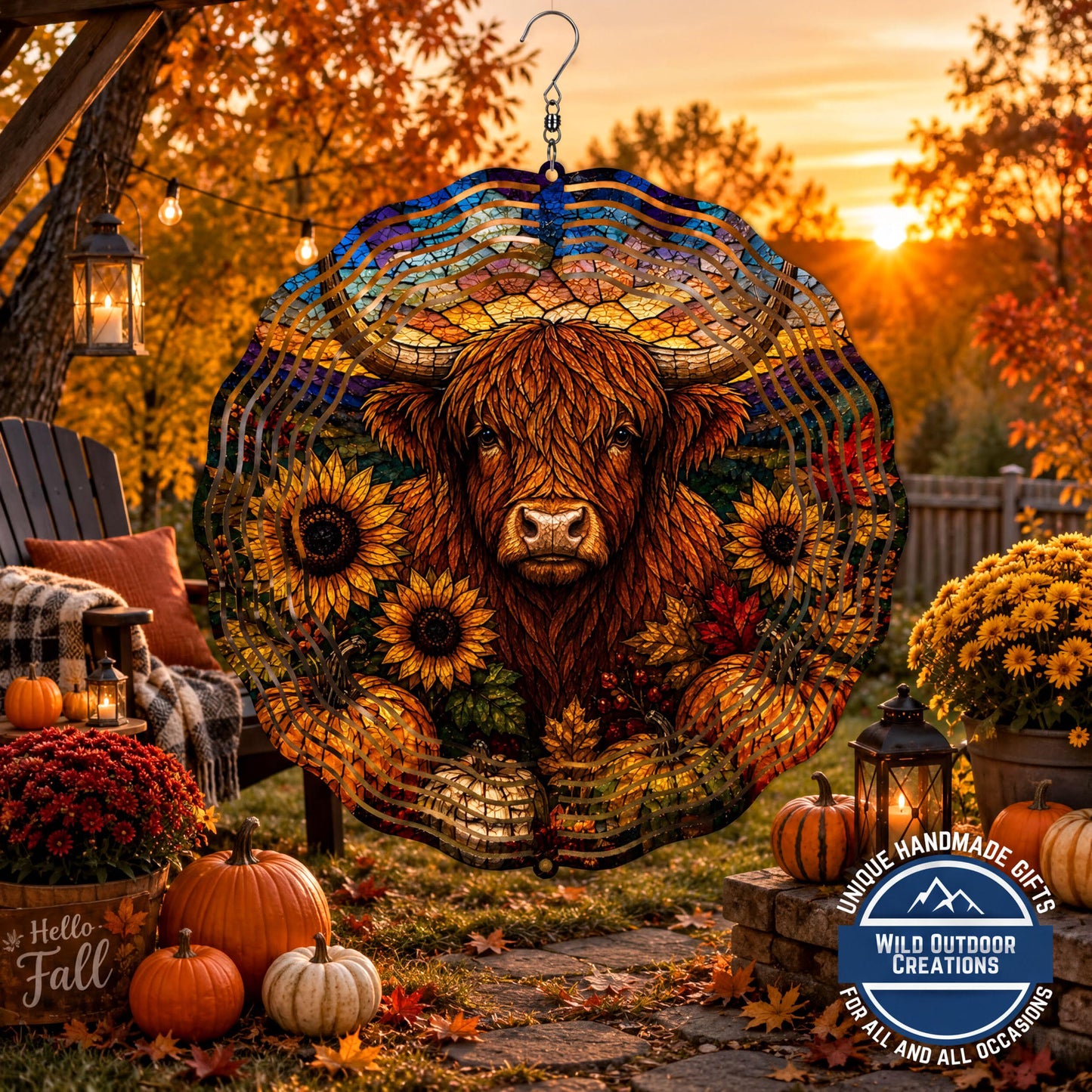 Highland Cow Faux Stained Glass Wind Spinner Fall Sunflower Garden Decor