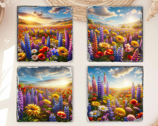 Rustic Sunset Slate Coaster Set - Wildflower Valley Gift for Her