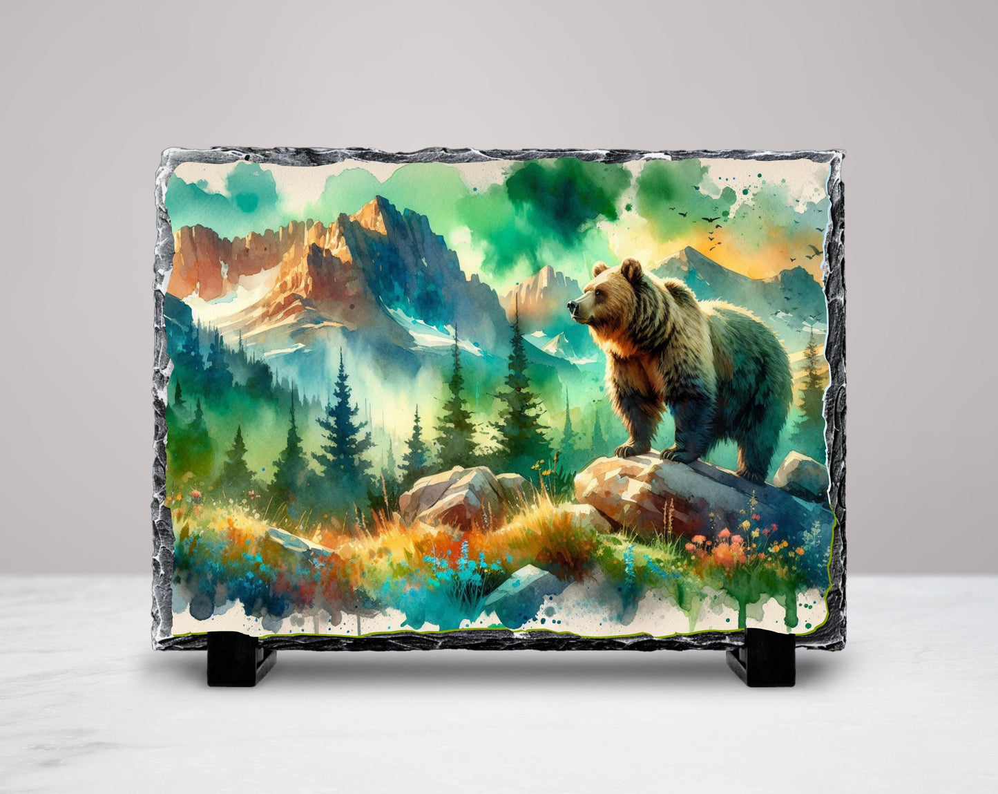 Rustic Bear Slate Plaque - Scenic River  Mountain Forest Decor Gift
