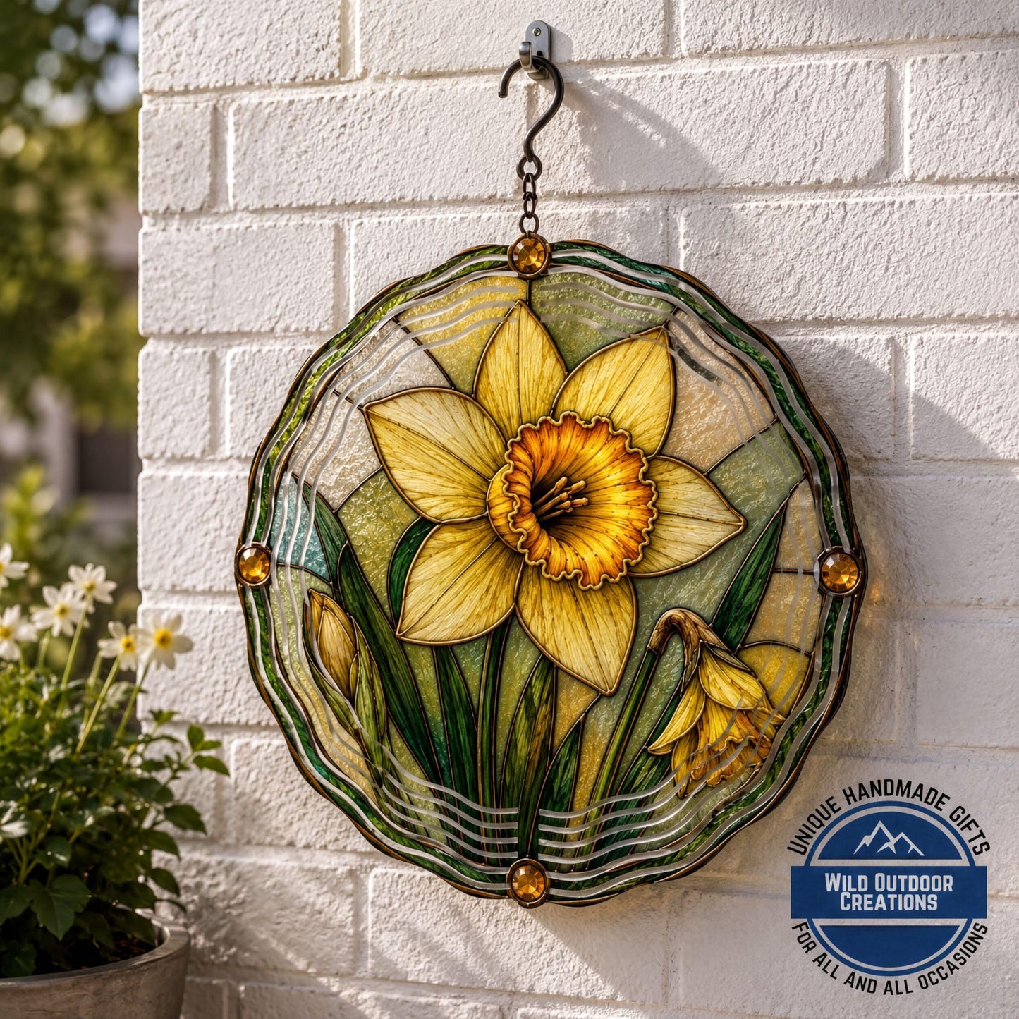March Birth Flower Daffodil Wind Spinner 10 Inch Faux Stained Glass Metal Garden Decor