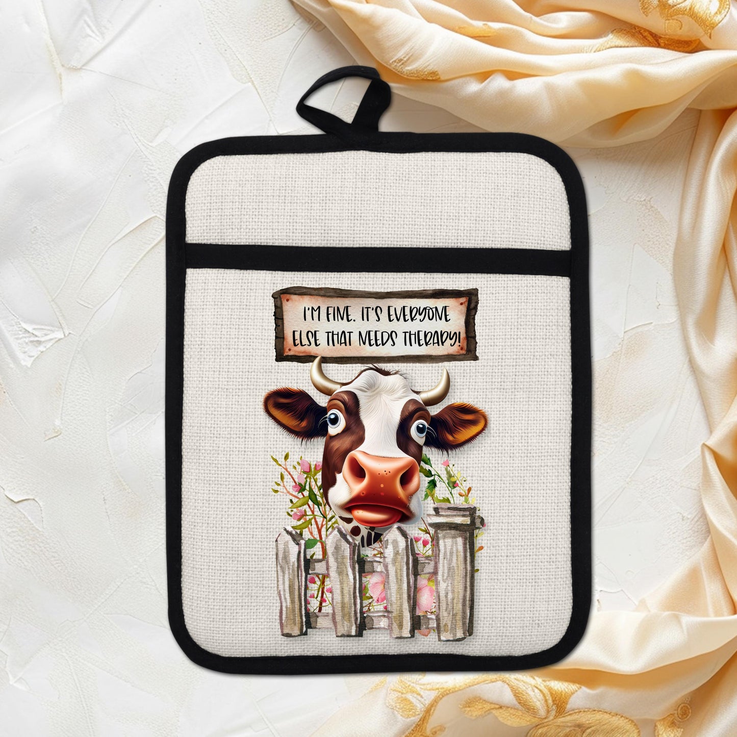 Funny Cow Pot Holder with Quirky Fence Design  Flowers - Im Fine Everyone Else Needs Therapy Linen Hot Pad