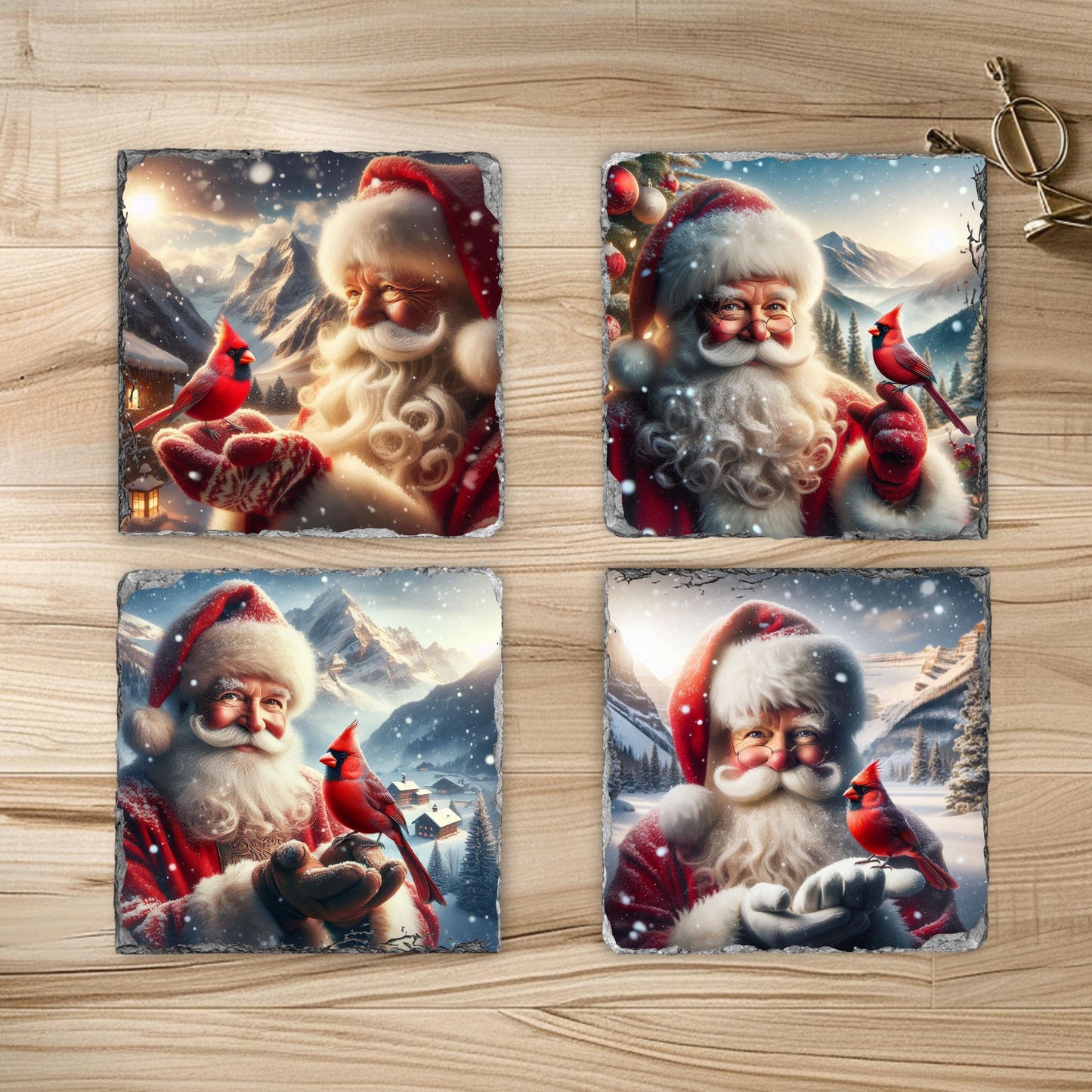 Slate Coaster Set with Santa's Winter Scene and Cardinal - 3.5x3.5 Inches Fractured Edges Includes Black Rack Ideal Holiday Gift