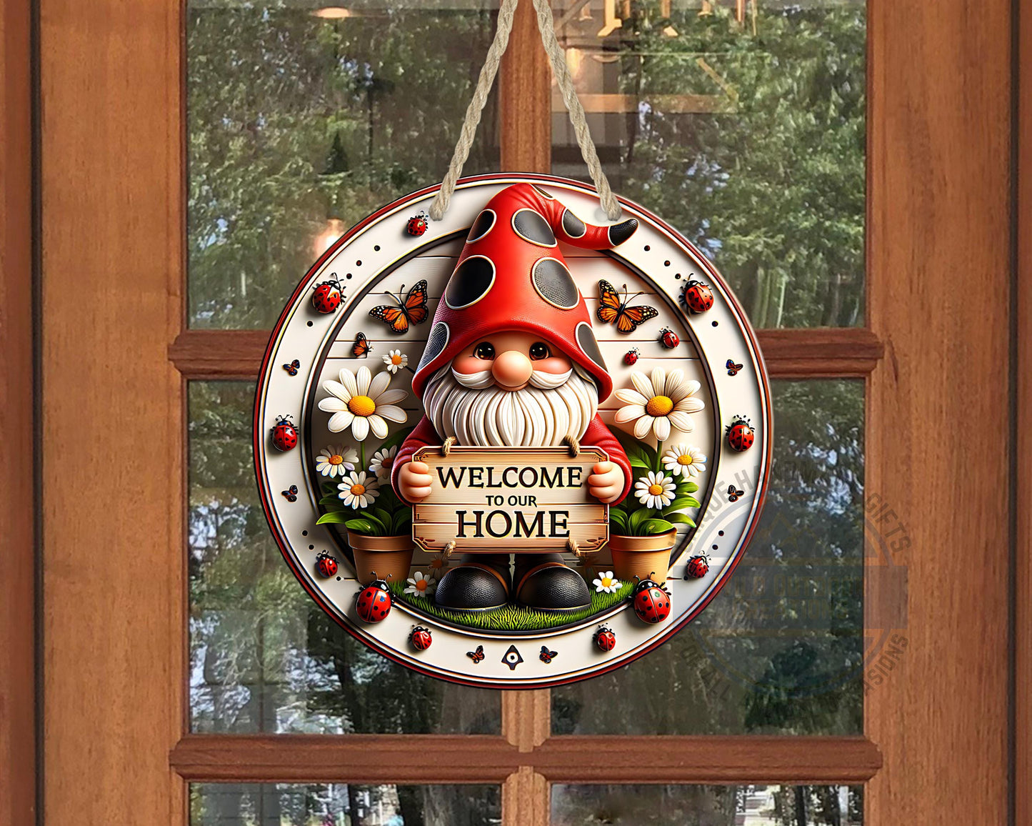 Welcome Gnome Door Hanger - Red Hat Gnome with Daisy & Ladybug Accents