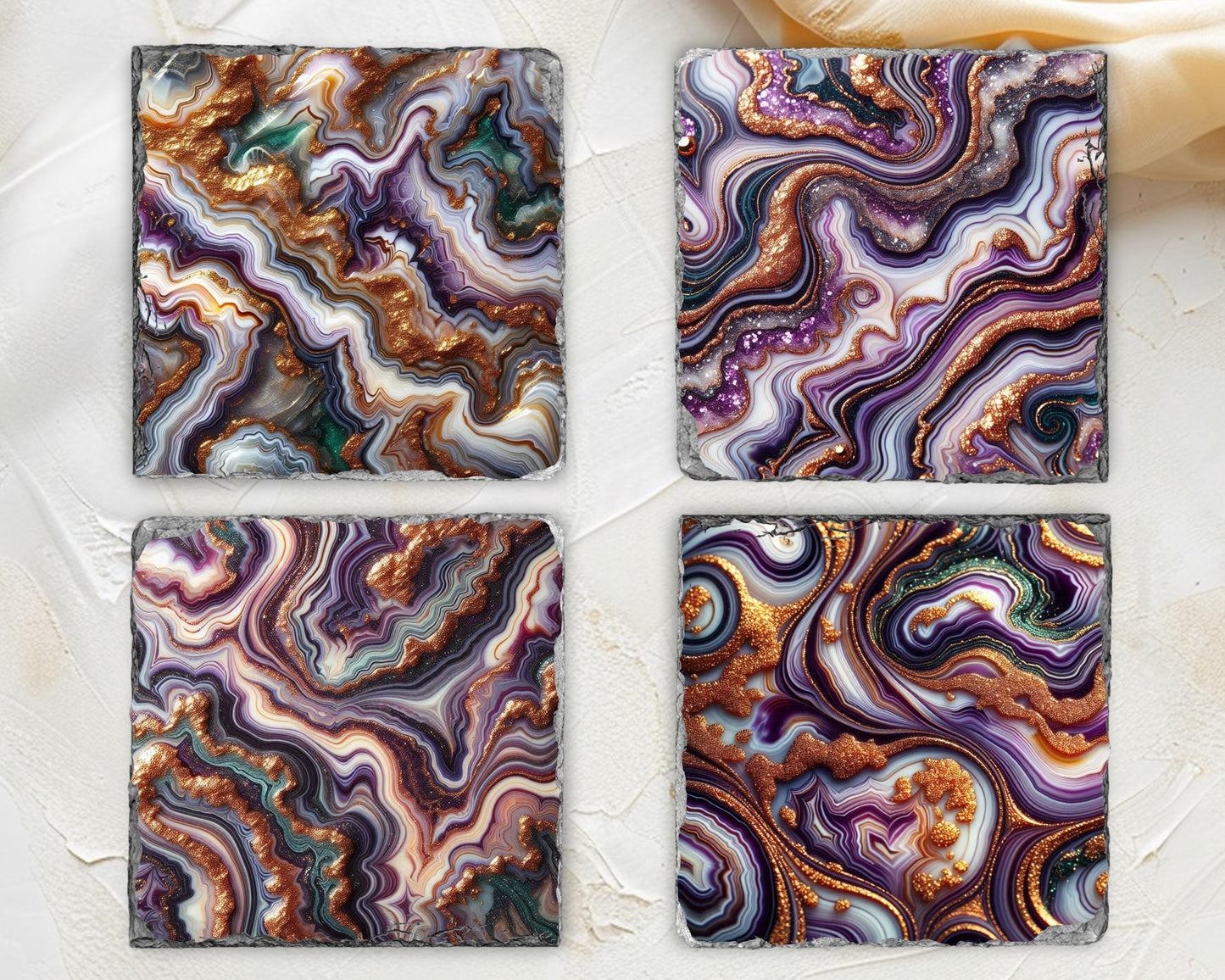 Mardi Gras Coaster Set of 4 - Purple Gold Glitter  Green Agate  Perfect Boho Housewarming Gift
