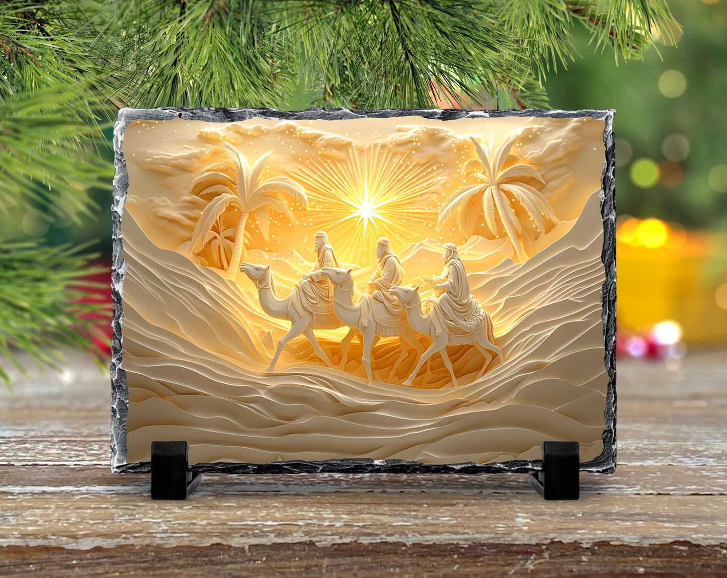 3 Wise Men Nativity Slate Plaque - Elegant Gold  White Design with Fractured Edge Ideal Christmas Gift or Religious Decor