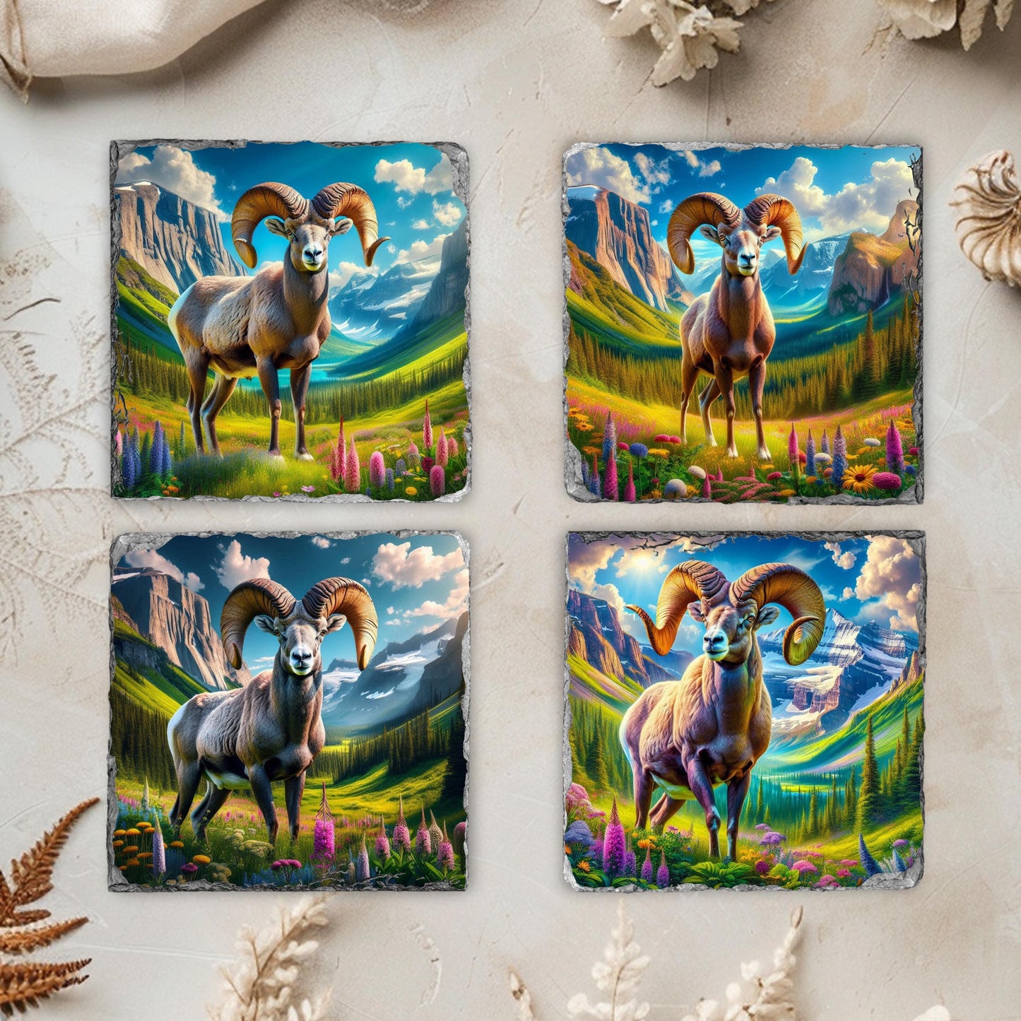Slate Coaster Set Featuring Big Horn Sheep Mountain Valley and Wildflowers with Black Rack - Ideal Nature Gift