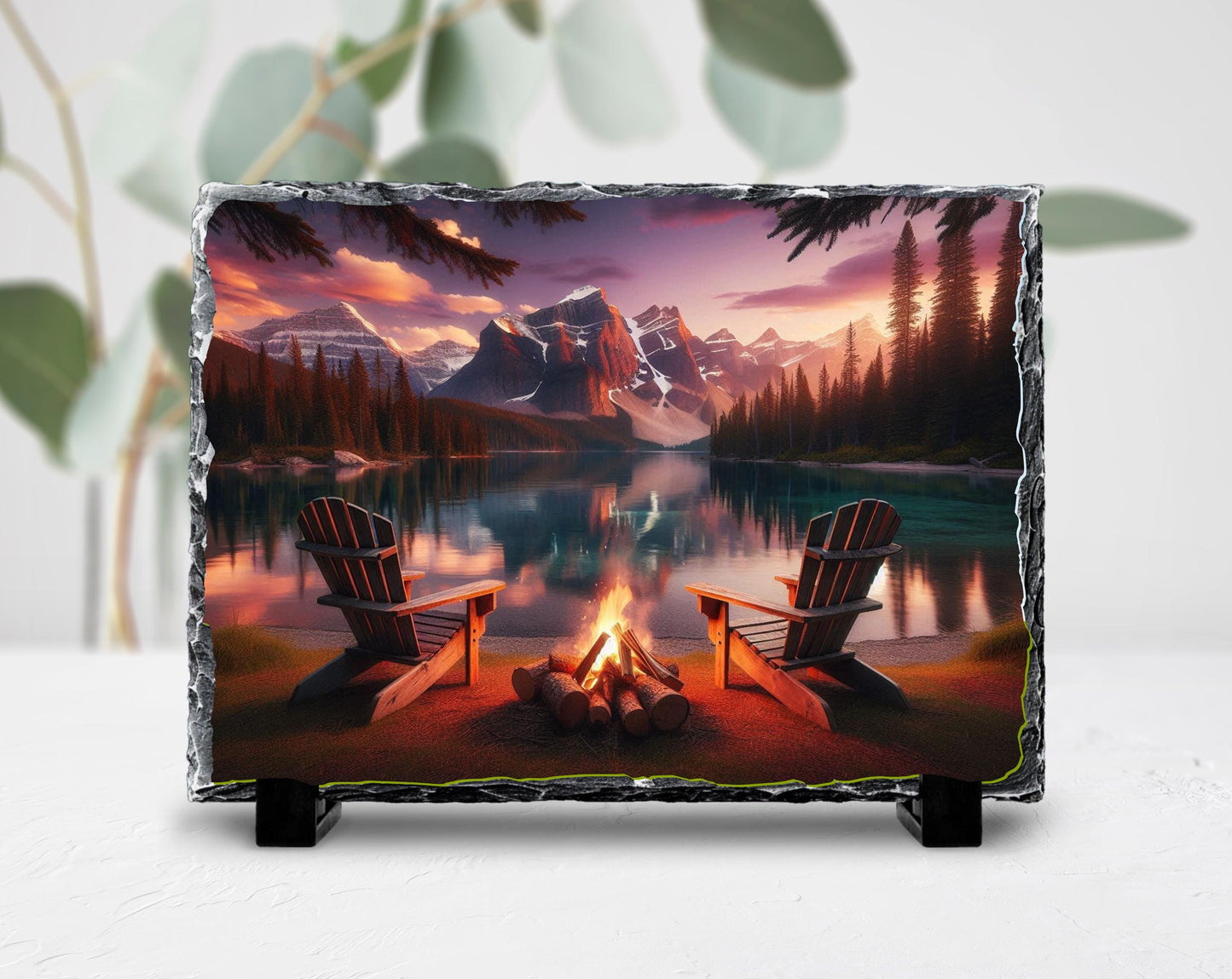 Campfire Slate Plaque – Rustic Stone Decor | Mountain Lake Art & Cozy Cabin Gift