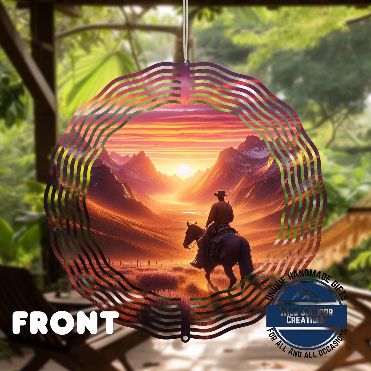 Cowboy Wind Spinner – Horse Sunset Scene | Outdoor Ranch Decor, 10 Inch