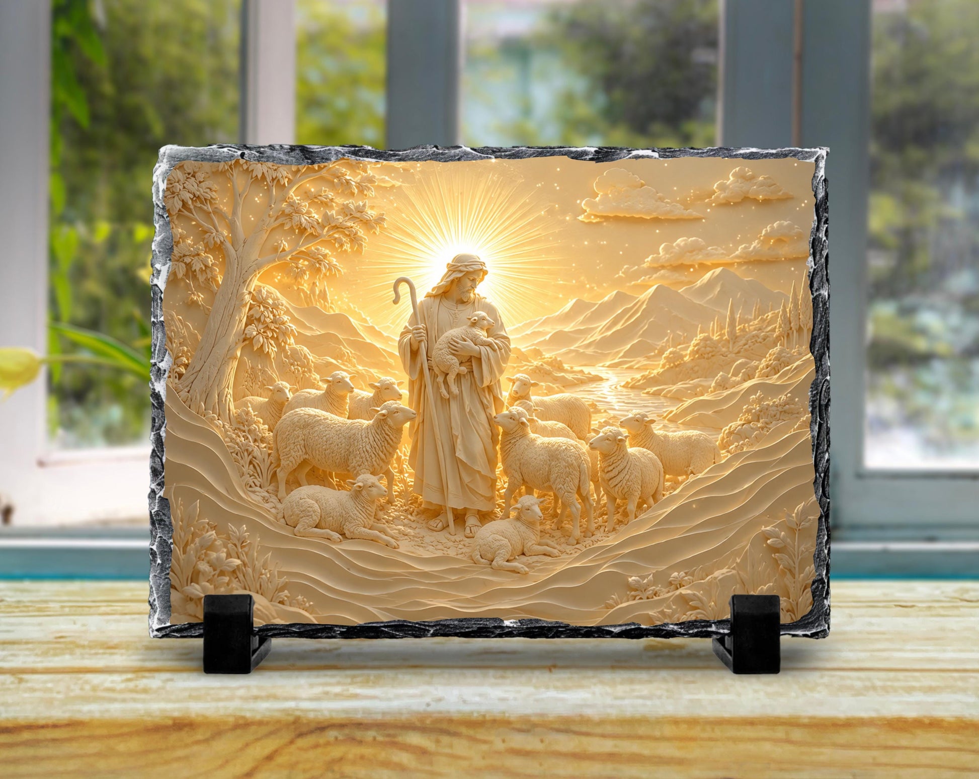 The image is a stone carving depicting a shepherd tending to his flock, with a sunlit landscape in the background.