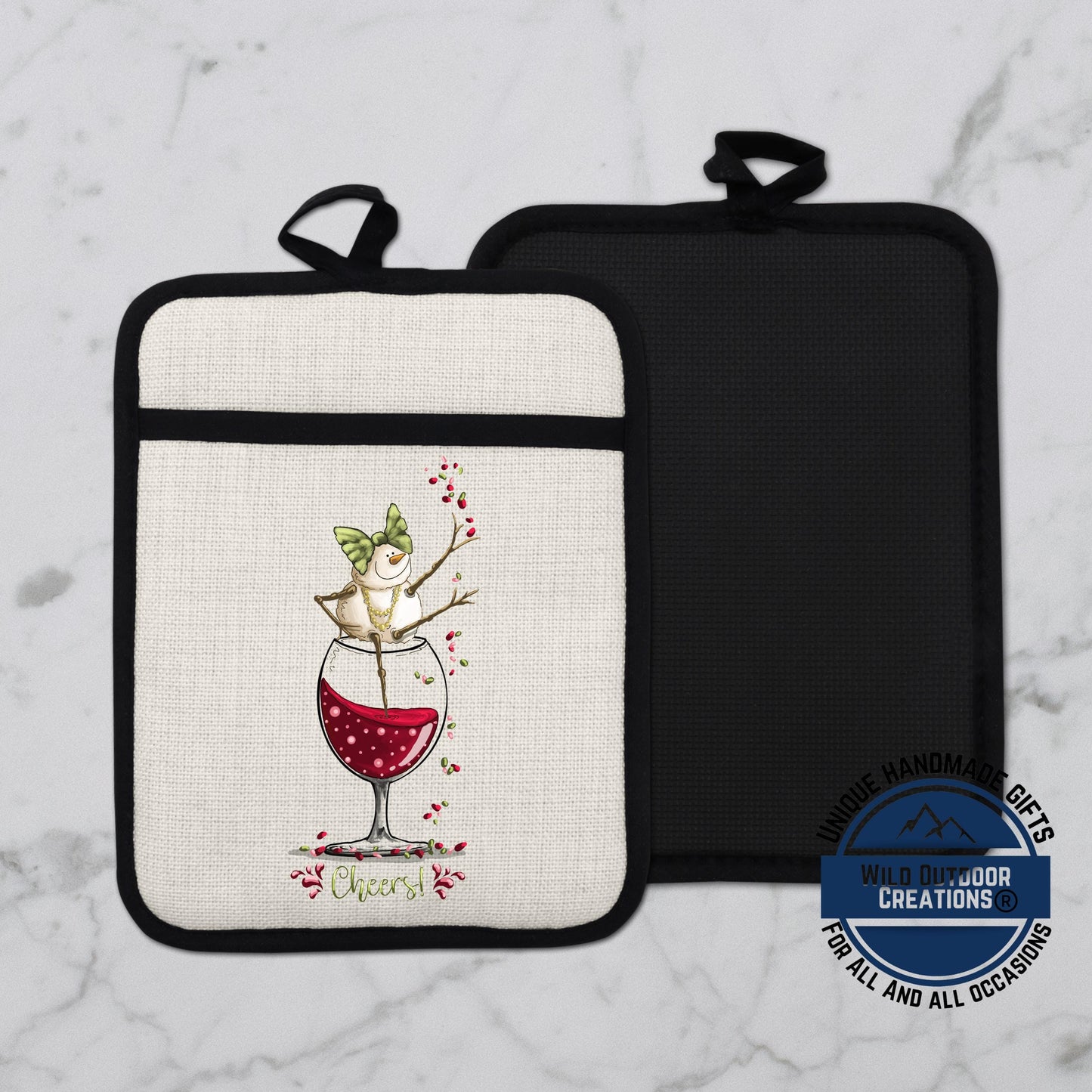 Wine Snowman Pot Holder Linen Hot Pad Cheers Kitchen Gift Wine Lover