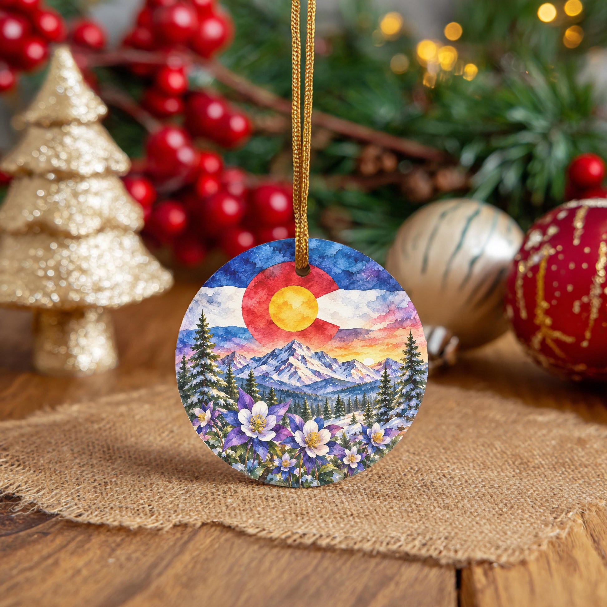 A round ornament featuring a colorful mountain landscape with a Colorado sun is displayed on a burlap cloth, surrounded by Christmas decorations and ornaments.