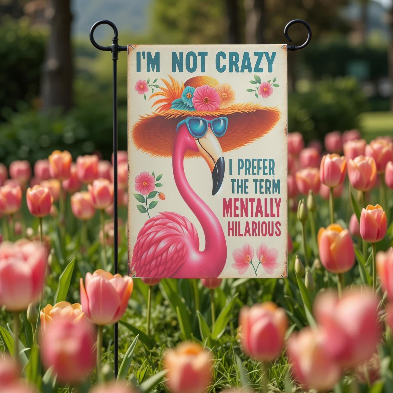 Funny Flamingo Flag – Sassy Garden Decor With Mentally Hilarious Pink Flamingo Design - displayed in garden