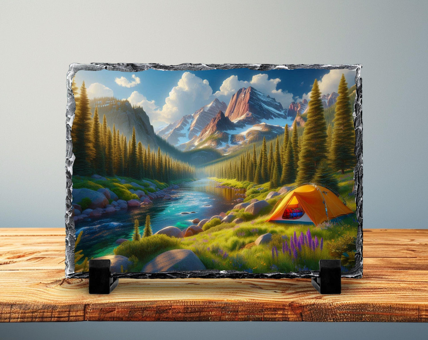 Mountain Camping Plaque - Rustic Slate Art With River And Tent Artwork
