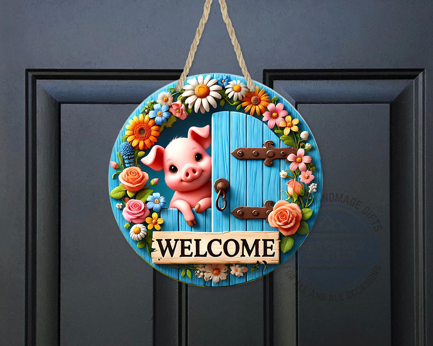 Pig Door Hanger – Farmhouse Welcome Sign | Floral Blue Wood Aluminum Decor