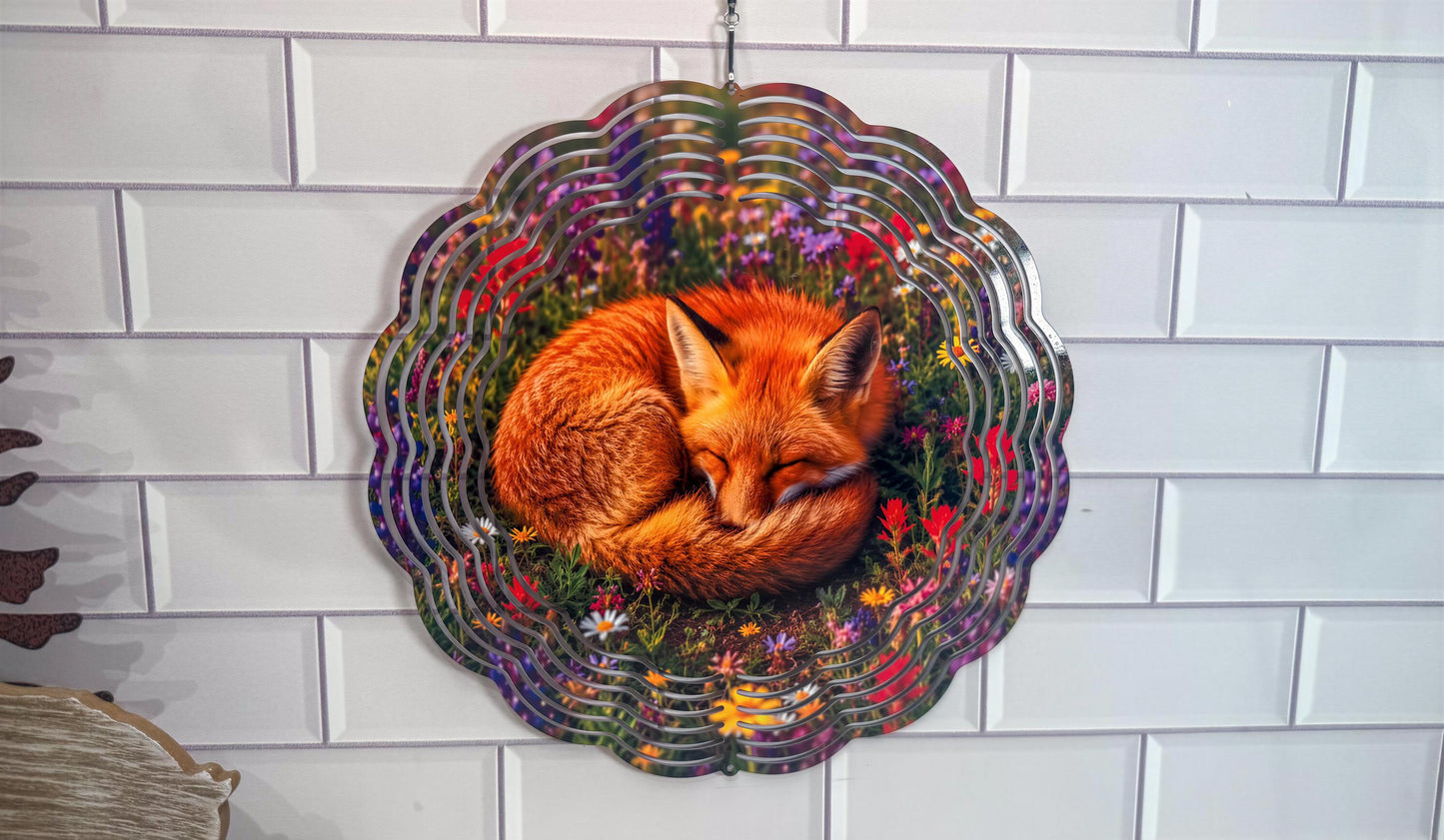 Sleeping Fox, Meadow Floral Wind Spinner | 10 Inch Décor | 360 Swivel | Indoor Outdoor Art