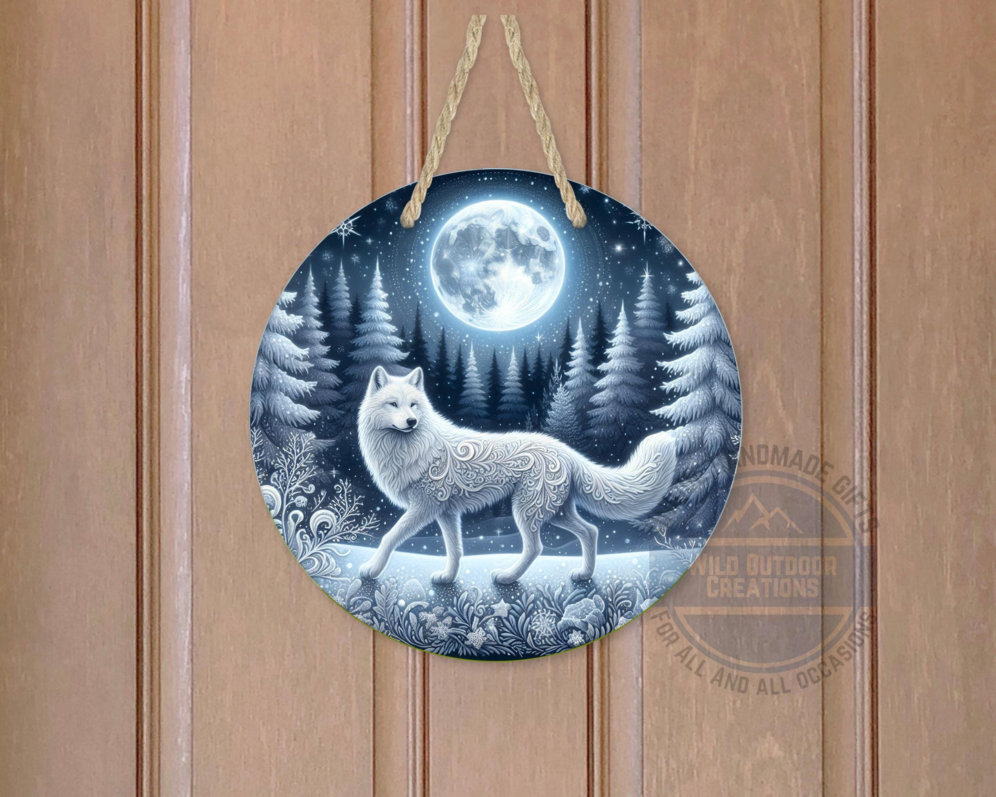 Wolf Door Sign - Rustic Outdoor Decor Full Moon Night with White Wolf Art