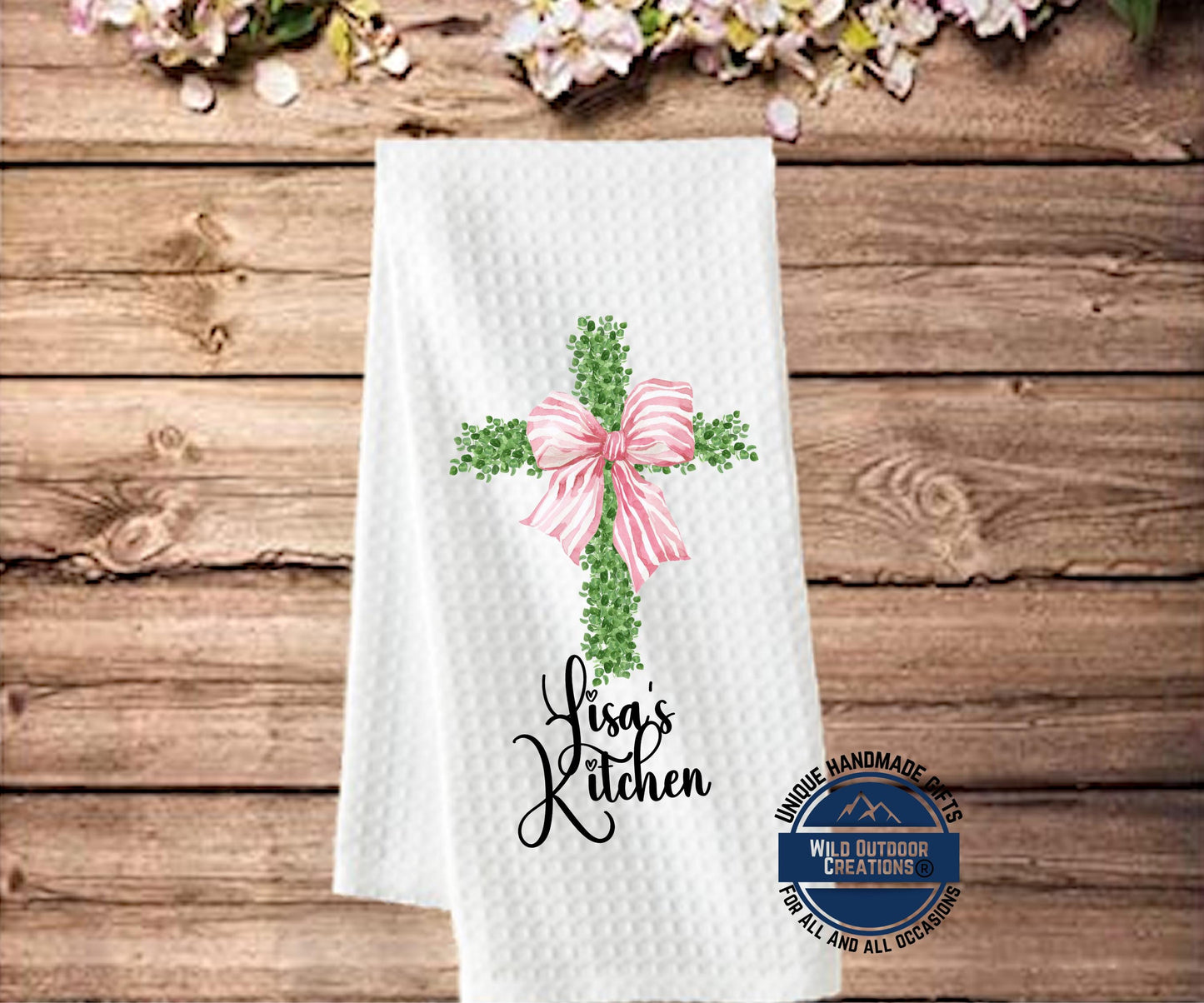 Personalized Kitchen Towel - Custom Name Cross Design with Pink Bow | Easter Gift - additional product photo 13