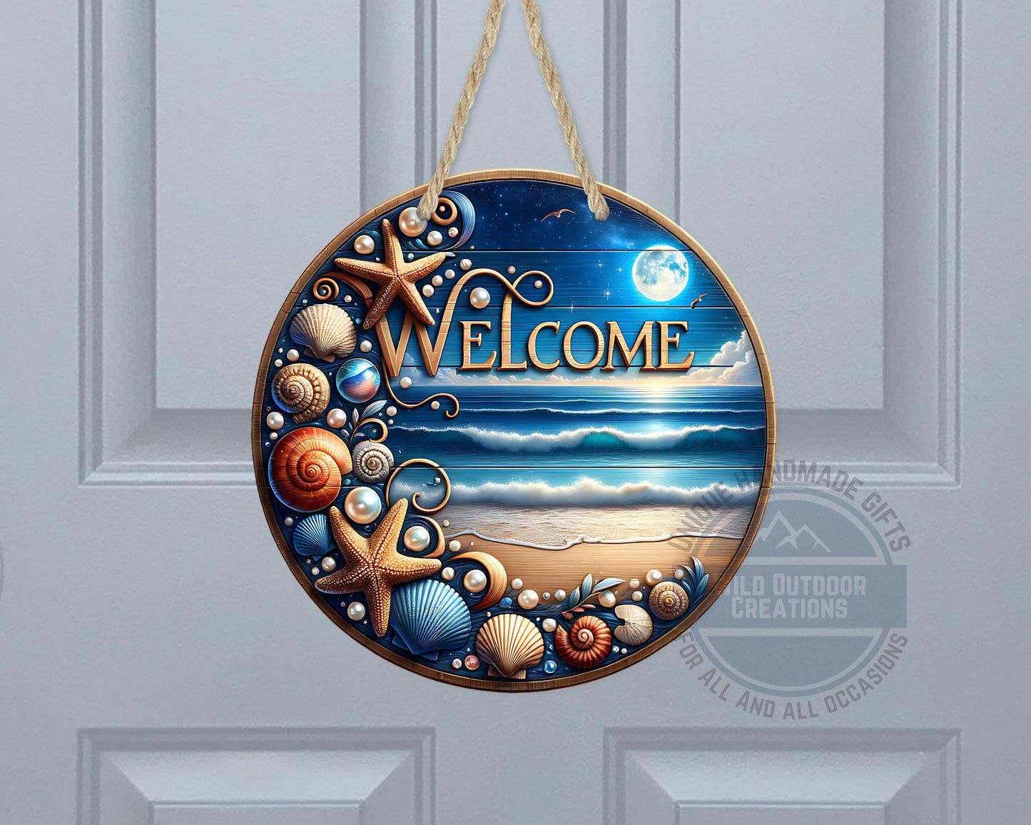 Coastal Door Sign – Nighttime Ocean View | Weather-Resistant Aluminum Outdoor Welcome