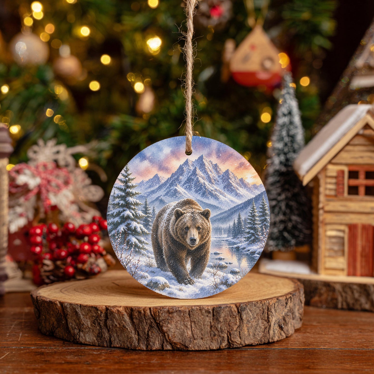 Grizzly Bear Ornament | Watercolor Mountains, Ceramic Keepsake