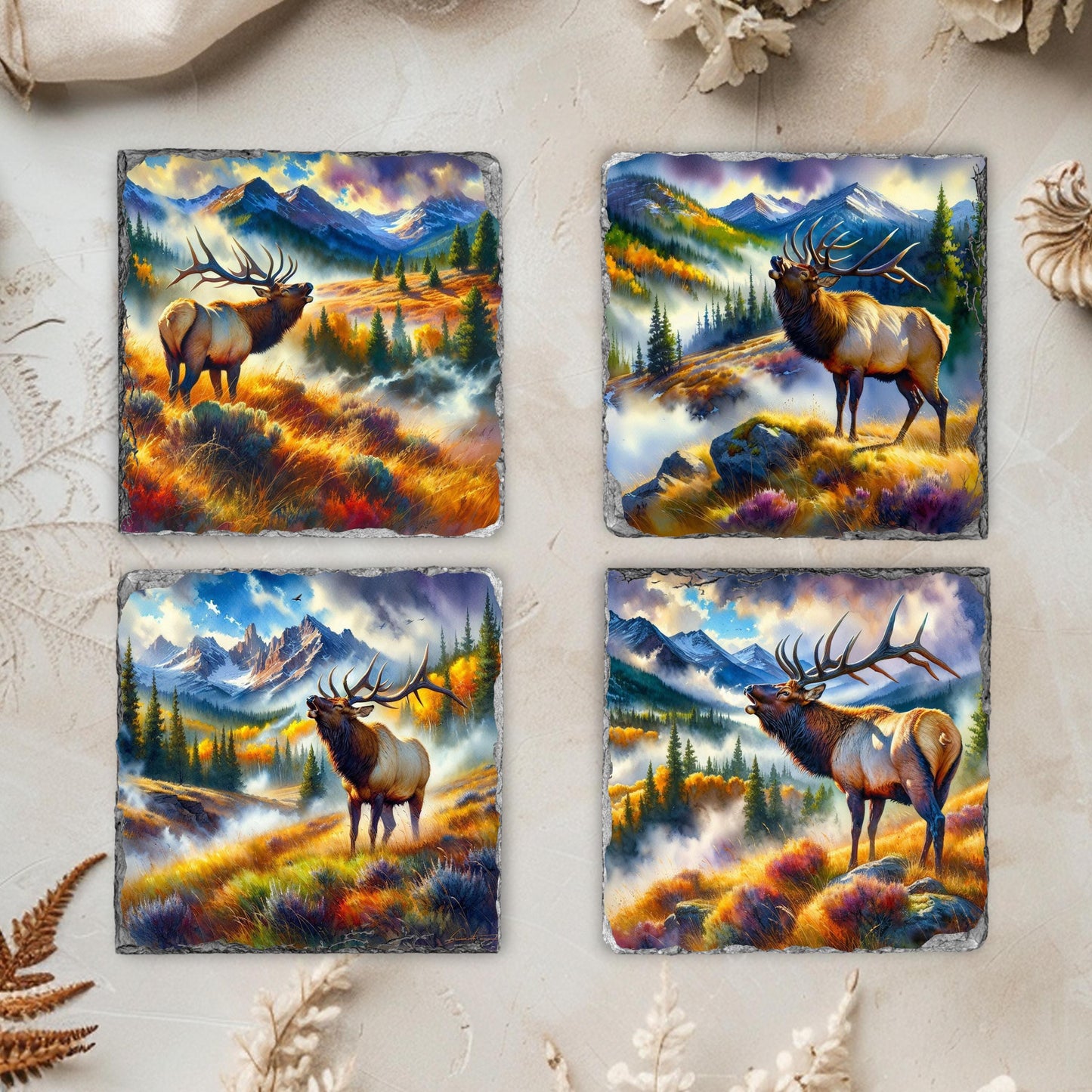 Elk Mountain Scene Slate Coaster Set with Watercolor Effect  Fractured Edges  Perfect Gift for Nature Lovers