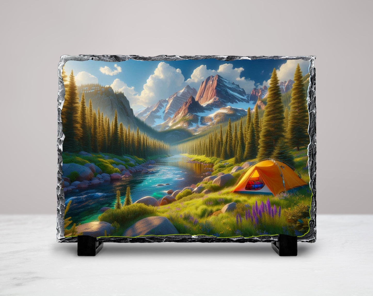 Mountain Camping Plaque - Rustic Slate Art With River And Tent Artwork