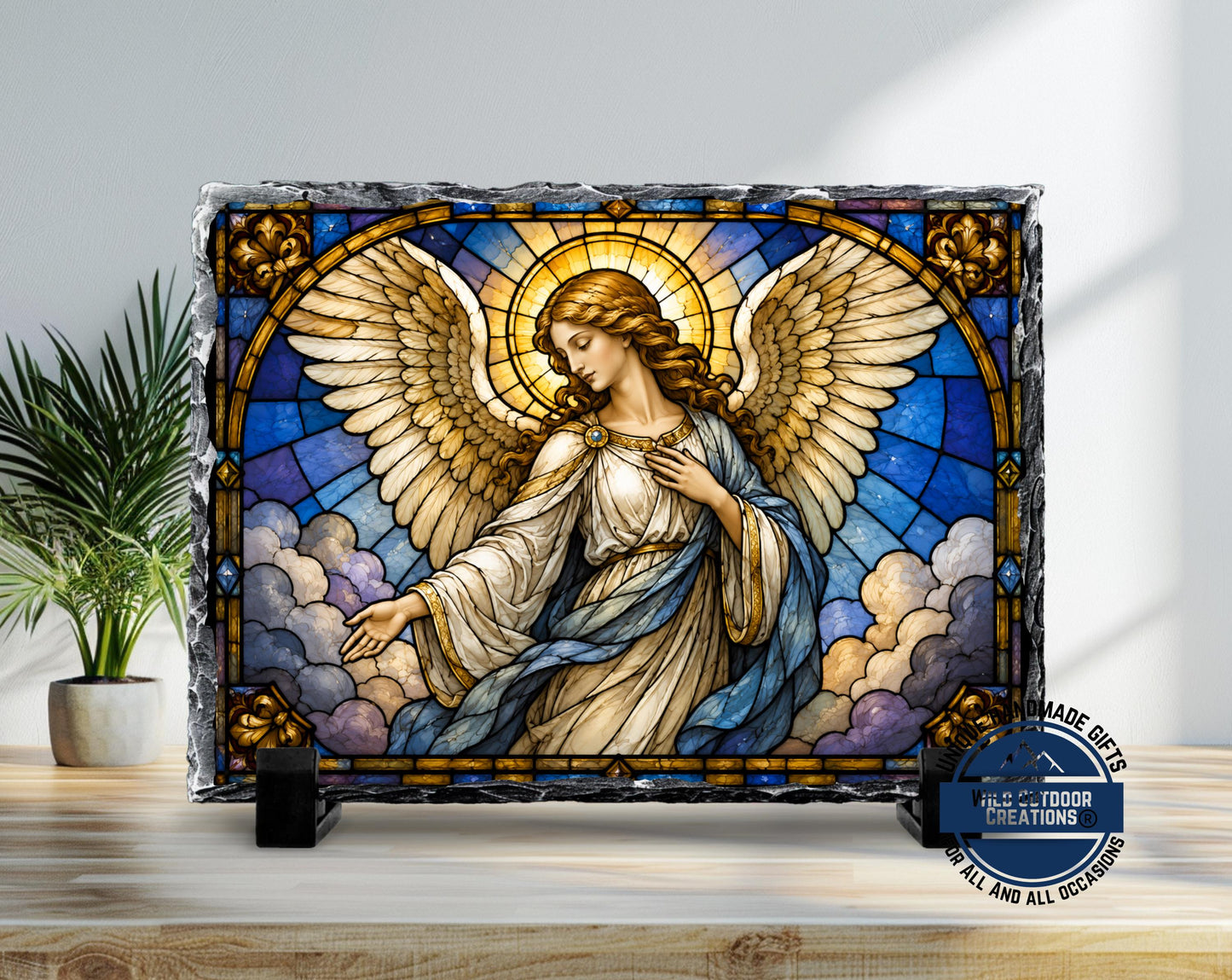 Guardian Angel Faux Stained Glass Slate Plaque, Religious Wall Decor, Christian Sympathy Gift