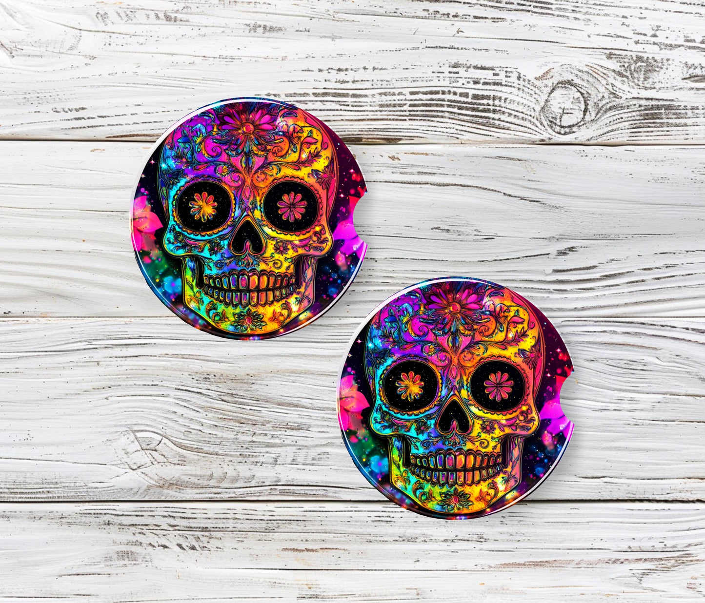 Rainbow Sugar Skull Car Coaster - Stylish Sandstone Cup Holder Mat for Vehicle Decor