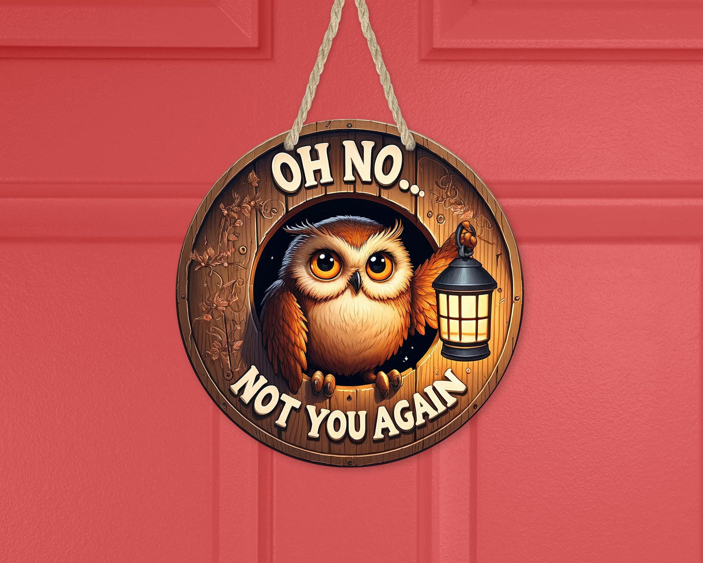 Humorous Owl Lantern Door Sign - 10x10 Aluminum Round Hanger with Faux Peek Hole Unique Gift for Sisters and New Home