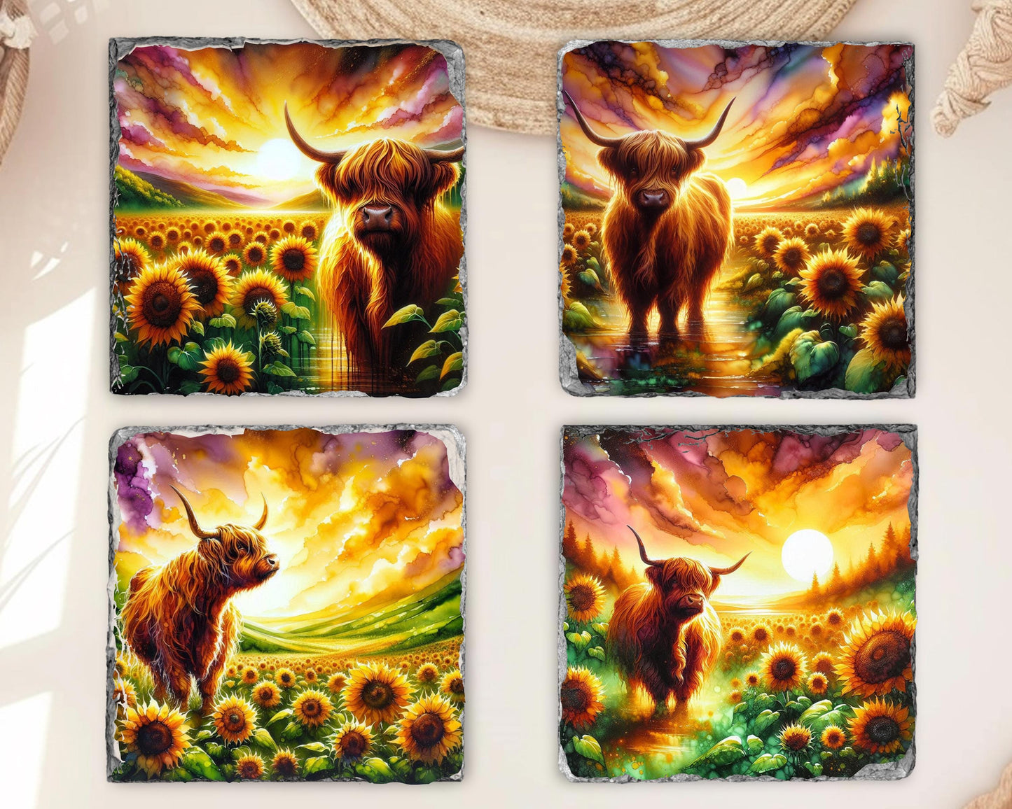 Highland Cow Slate Coaster Set with Sunflower Meadow Design  Unique Fractured Edges