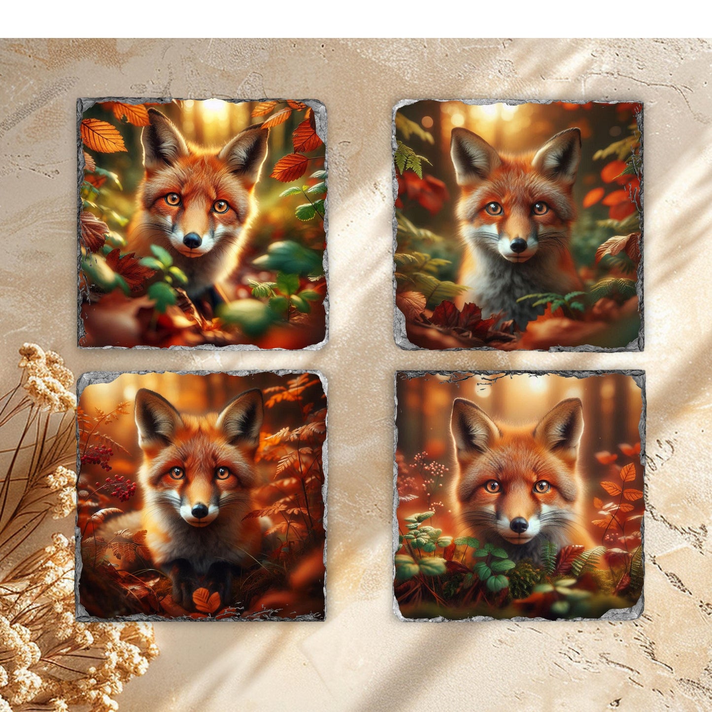 Fox Slate Coaster Set with Black Rack - 4 Rustic Fall Forest Design Coasters