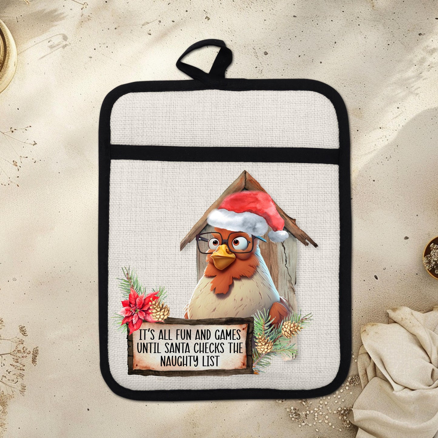 Funny Chicken Christmas Pot Holder with Naughty List Quote  Santa Hat - Rustic Linen Hot Pad for Festive Kitchen Decor