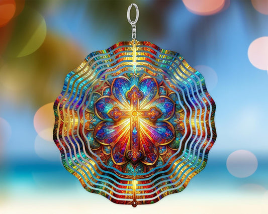 Vibrant Cross Image Wind Spinner with UV Protection, Christian Inspirational Gifts, Garden Wind Spinner, Christian Yard Art, Colorful Cross