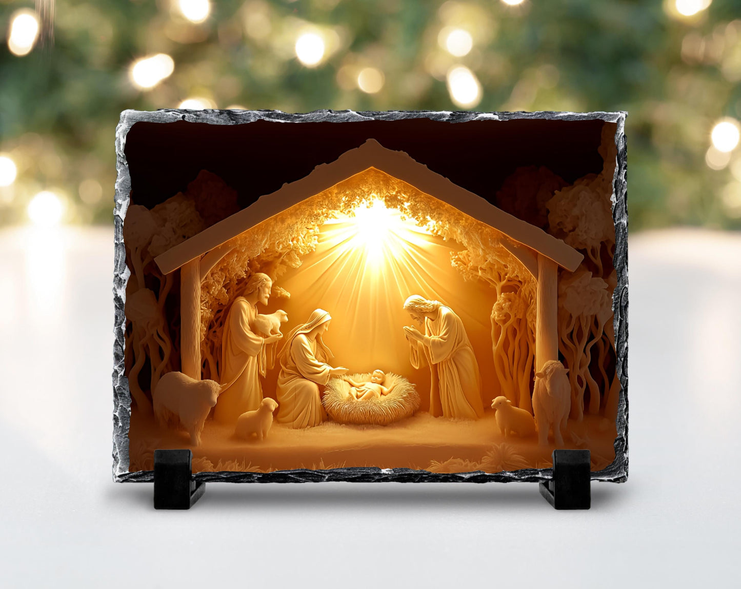 3D Glow Nativity Scene Slatestone Decor with Fractured Edges  Unique Religious Home Accent for Christmas Gifts