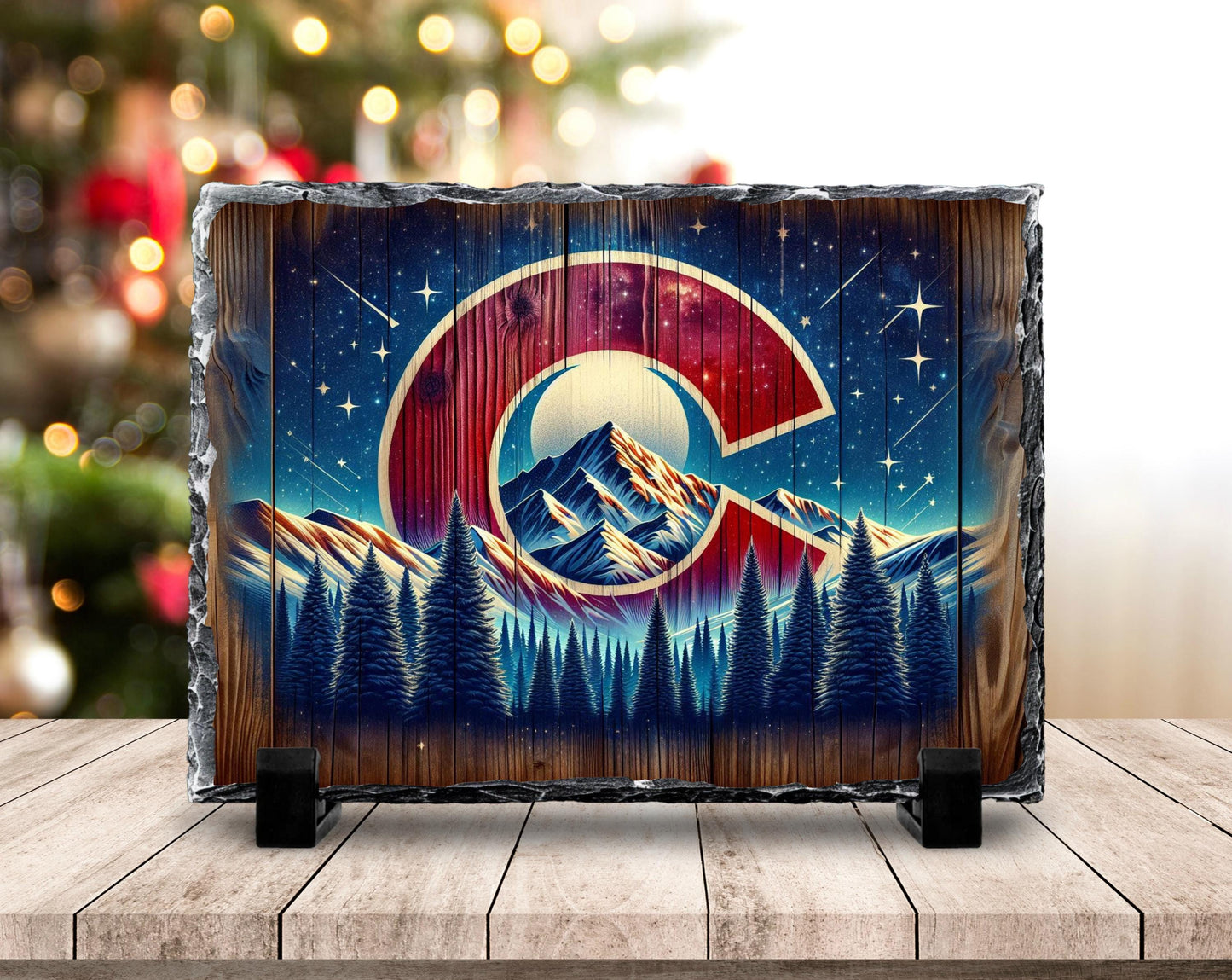 Handcrafted Slate Art - Colorado Mountain Scene with Night Sky  Shooting Stars Rustic Home Decor Gift