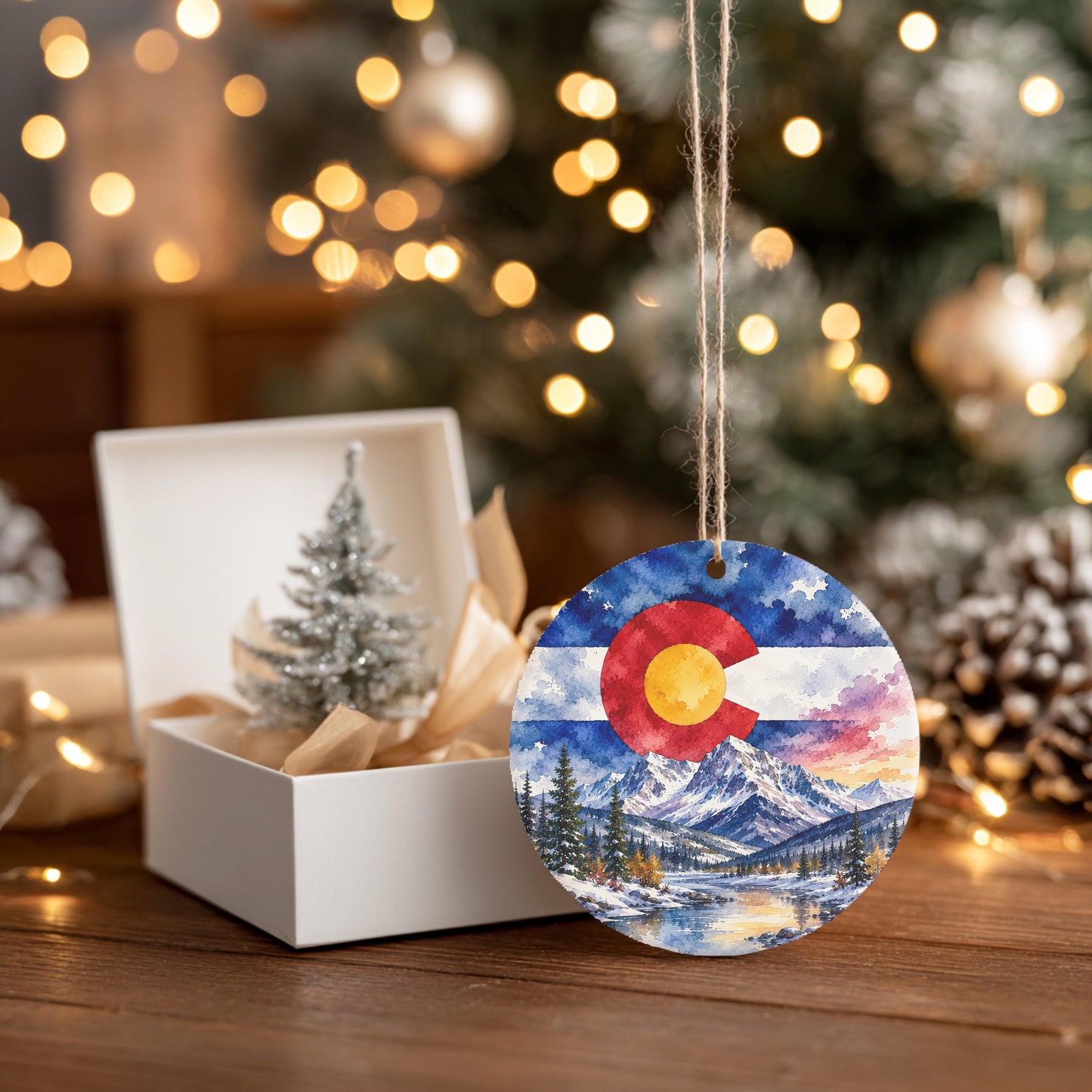 a Christmas ornament with a painting of a mountain range and a Colorado flag, hanging from a string. The ornament is placed next to a white box containing a small Christmas tree. The background is decorated with twinkling lights, creating a festive atmosphere.