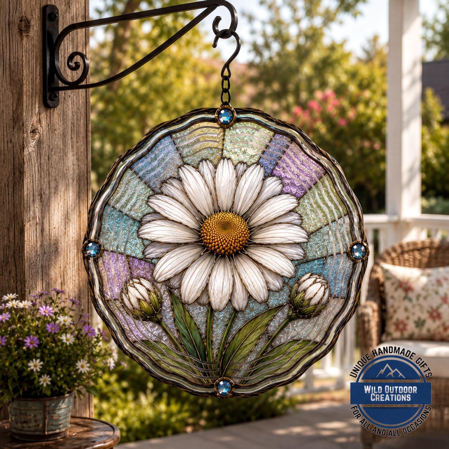 April Birth Flower Daisy Wind Spinner 10 Inch Faux Stained Glass Metal Garden Decor