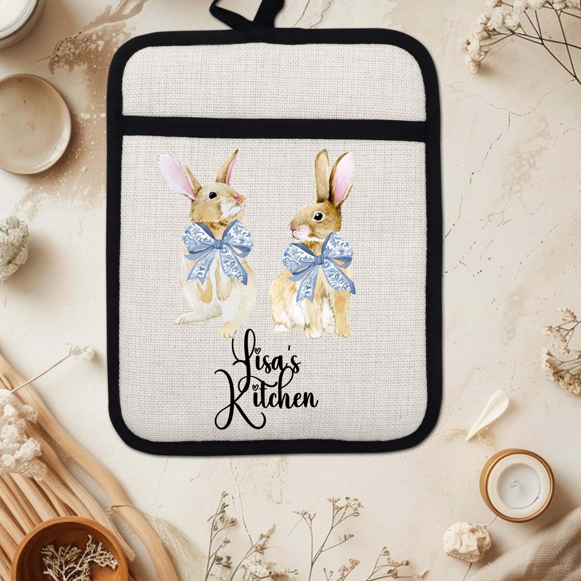 Personalized Easter Pot Holder - Custom Bunny Kitchen Gift with Chinoiserie Blue Design - detail view